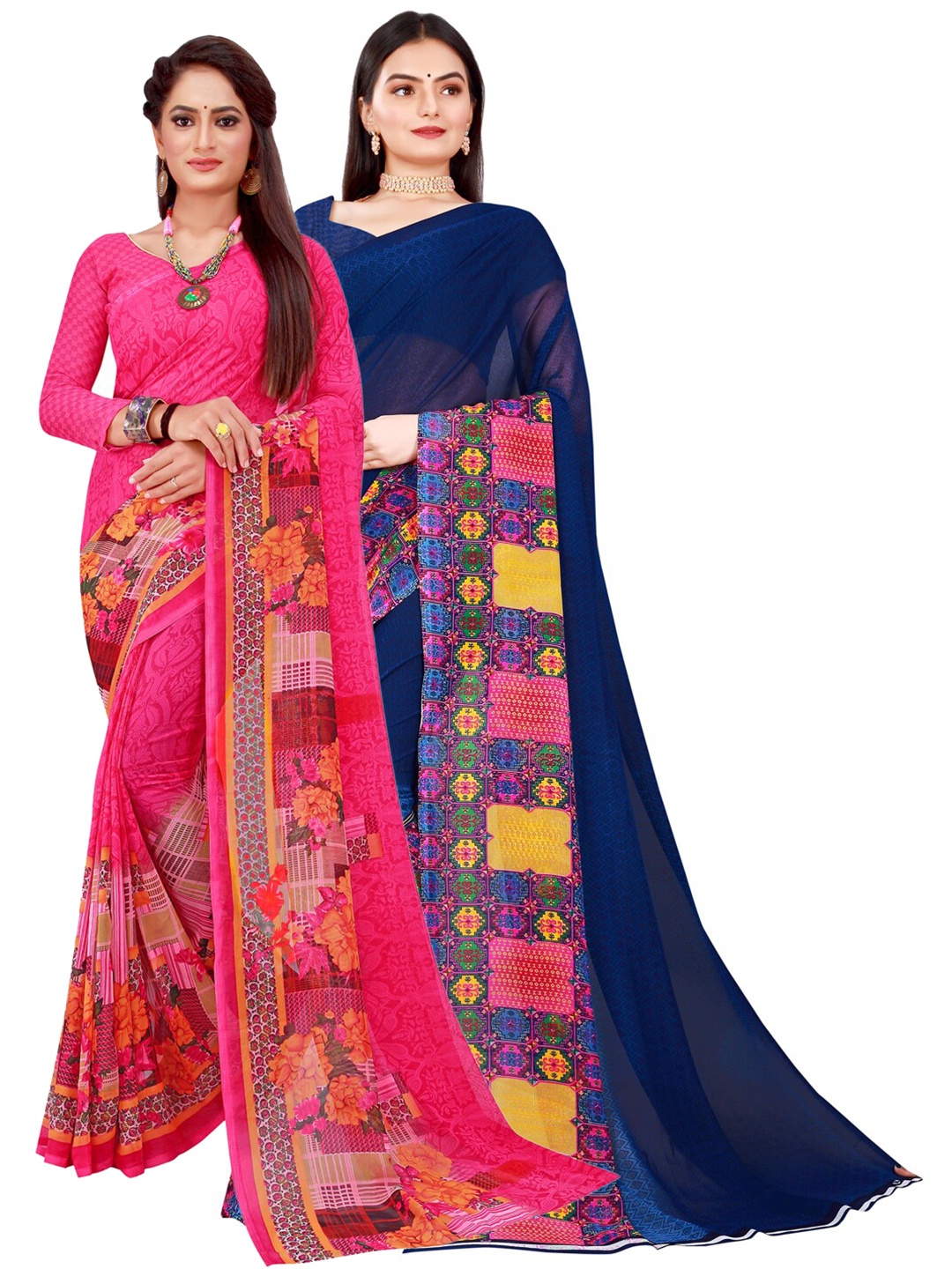 

KALINI Magenta & Navy Blue Floral Printed Pure Georgette Saree Pack Of 2