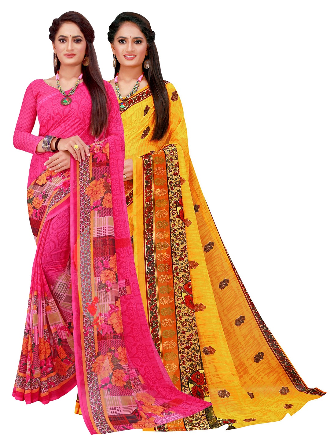 

KALINI Pack Of 2 Magenta & Yellow Floral Pure Georgette Saree