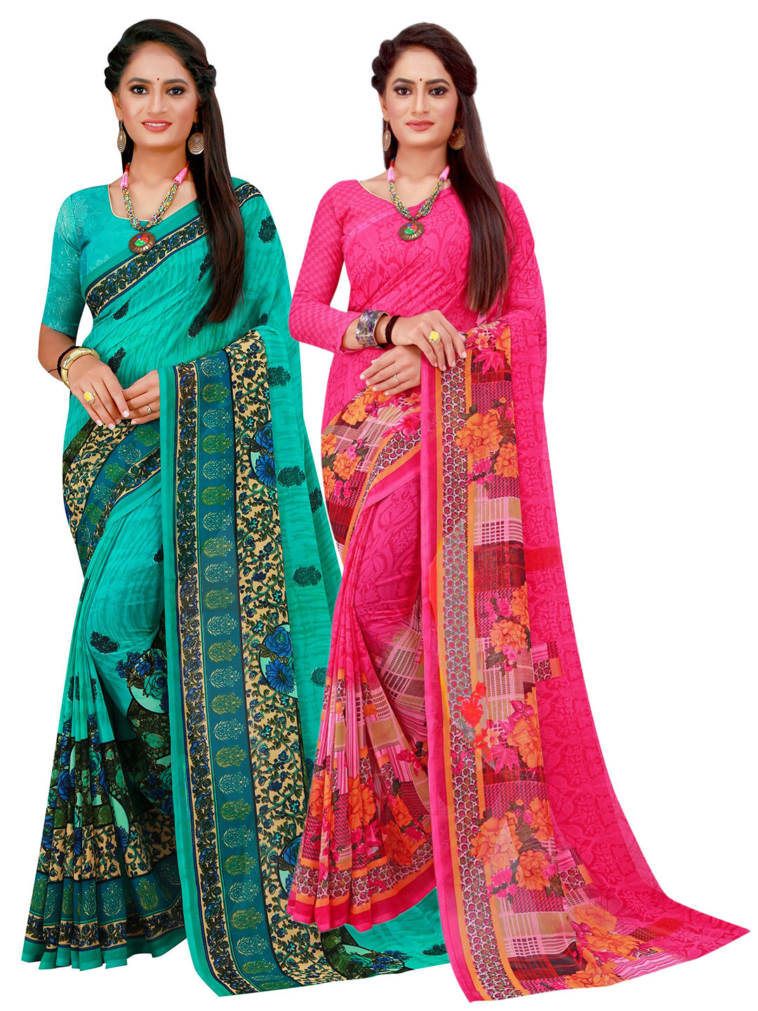 

KALINI Pack Of 2 Magenta & Turquoise Blue Floral Pure Georgette Sarees