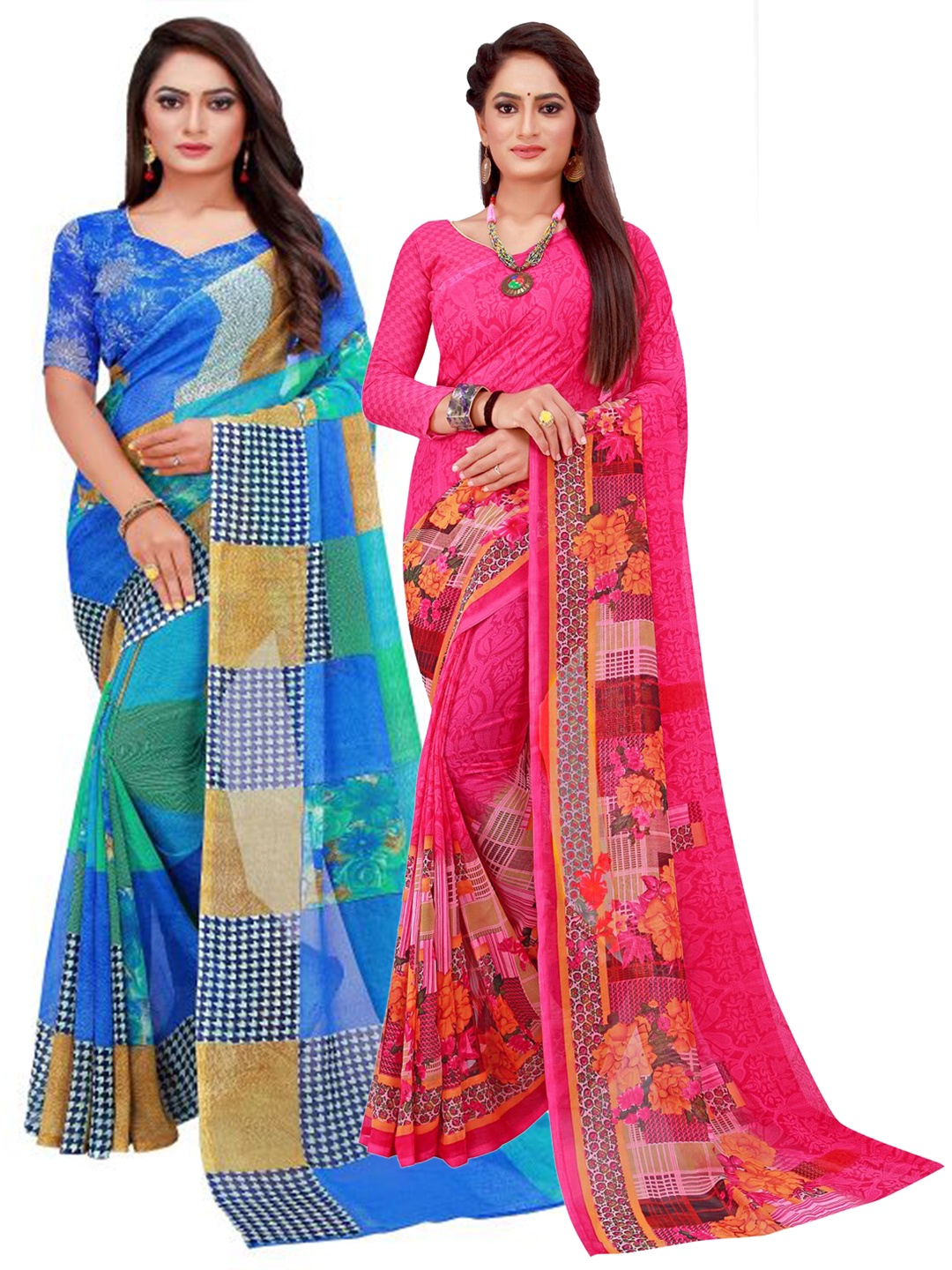 

KALINI Pack Of 2 Blue & Magenta Pure Georgette Saree