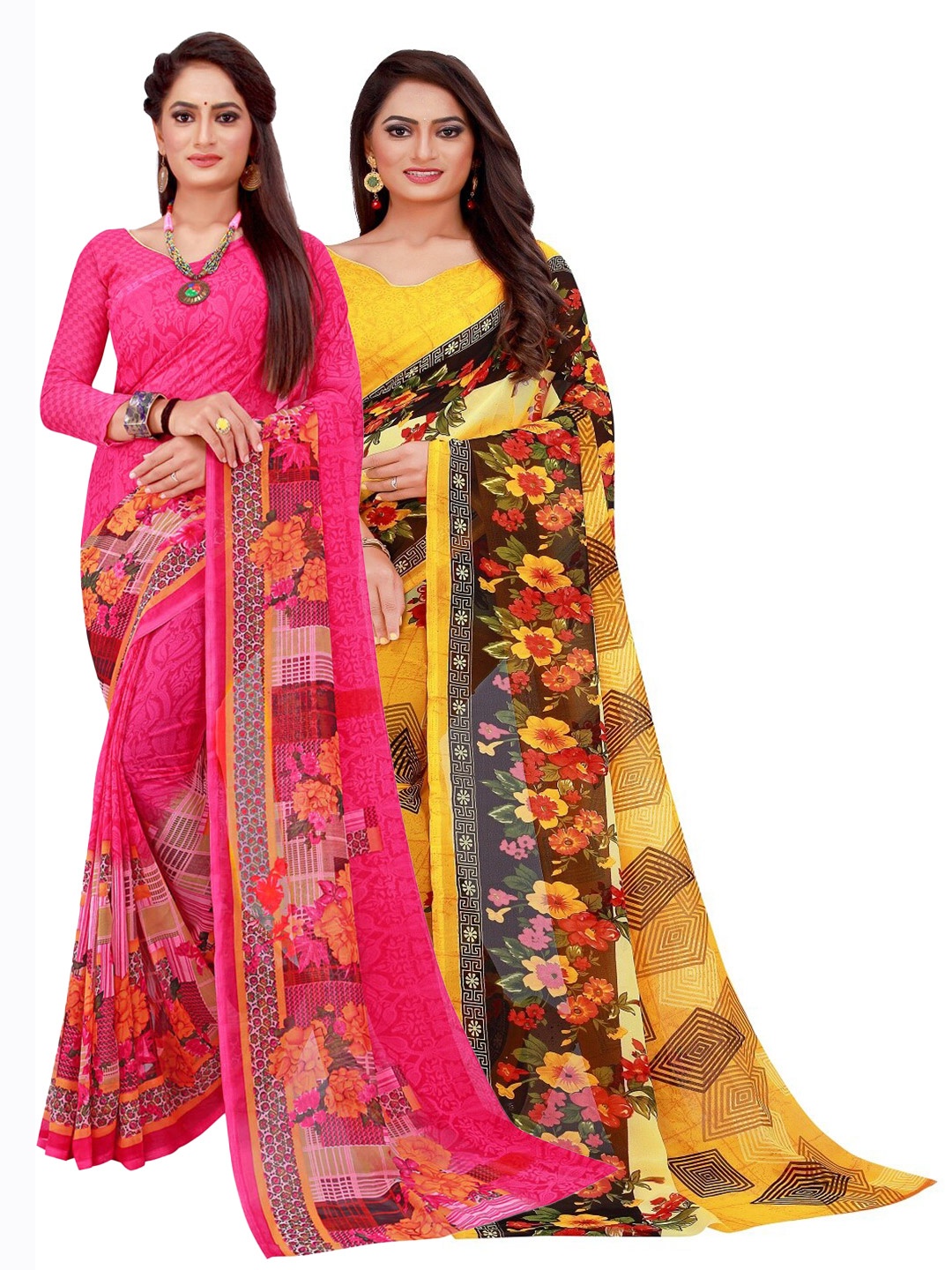 

KALINI Set Of 2 Yellow & Magenta Floral Pure Georgette Saree