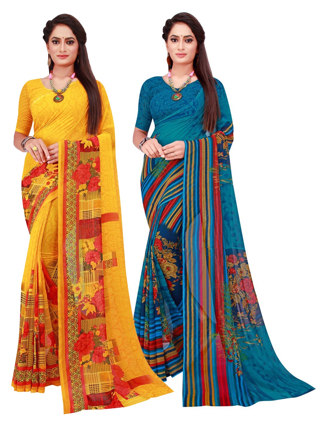 

Florence Yellow & Blue Set of 2 Floral Printed Georgette Saree