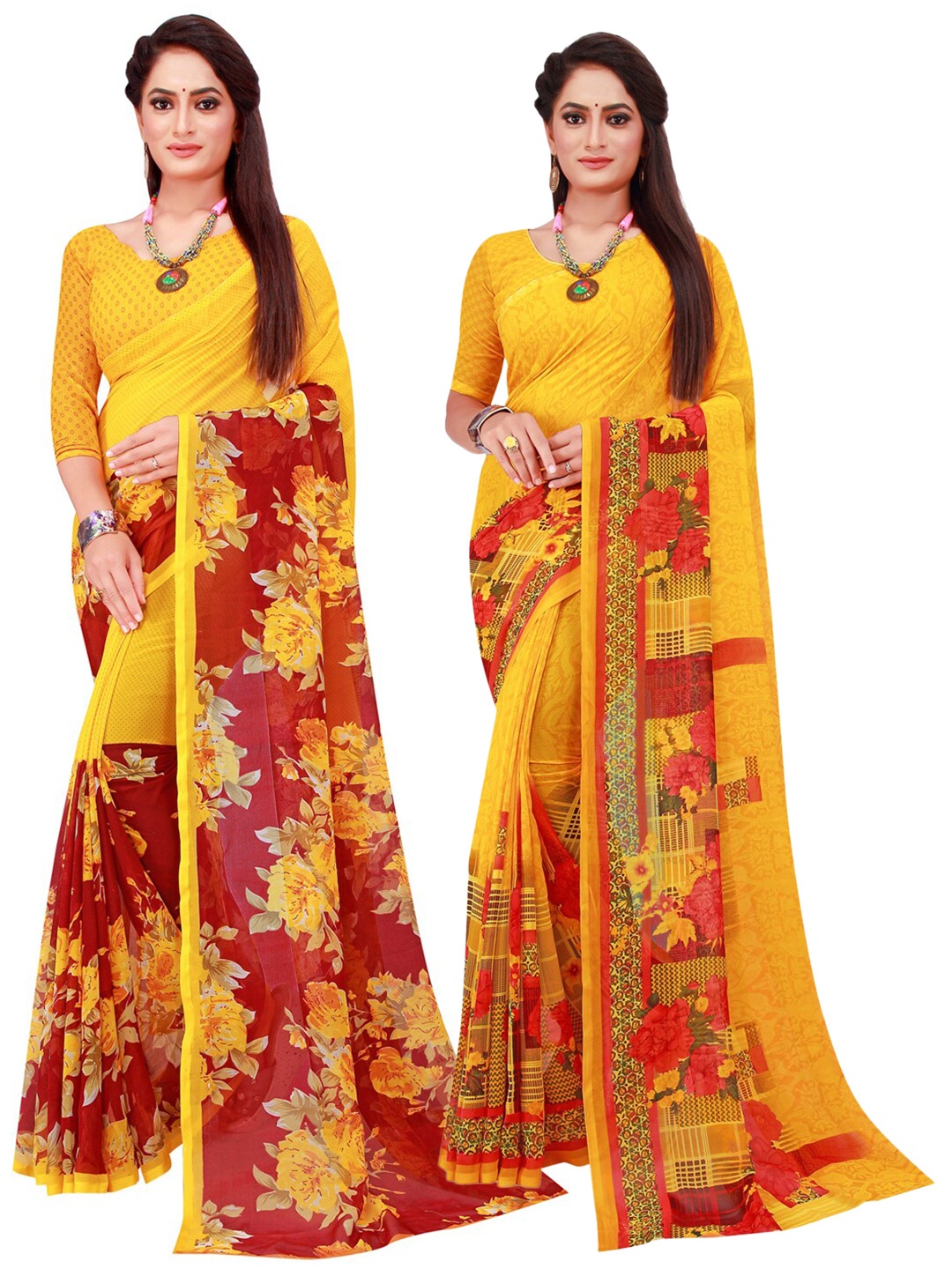 

Florence Yellow & Maroon Printed Pure Georgette Saree Pack Of 2
