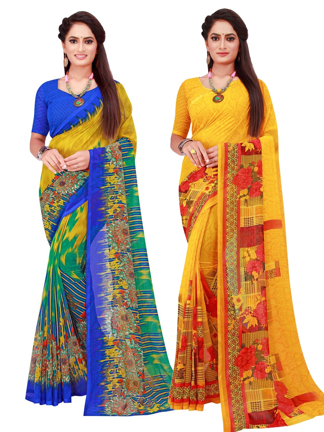 

Florence Yellow & Blue Set Of 2 Floral Pure Georgette Saree