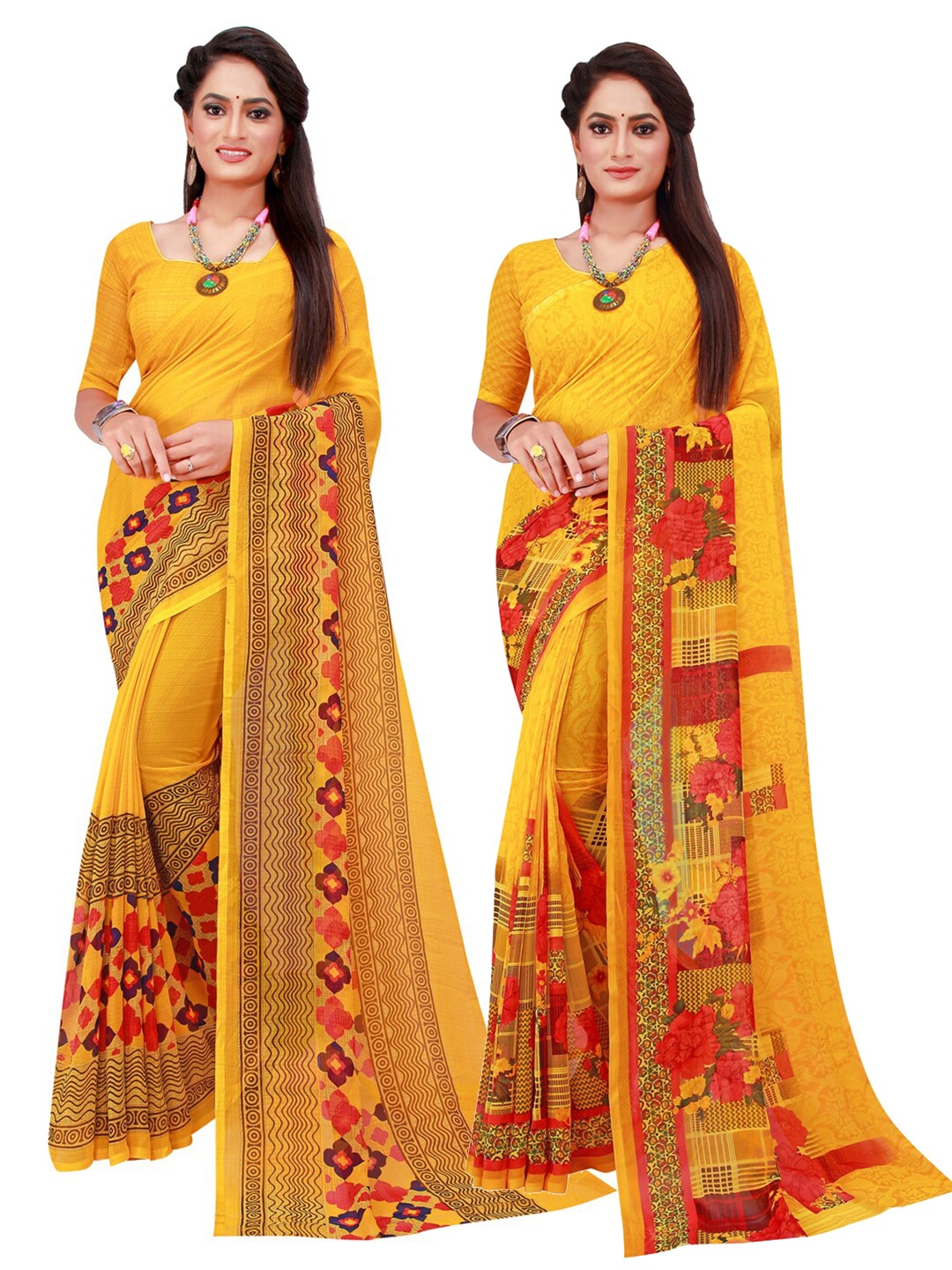

Florence Pack Of 2 Magenta & Red Floral Pure Georgette Saree