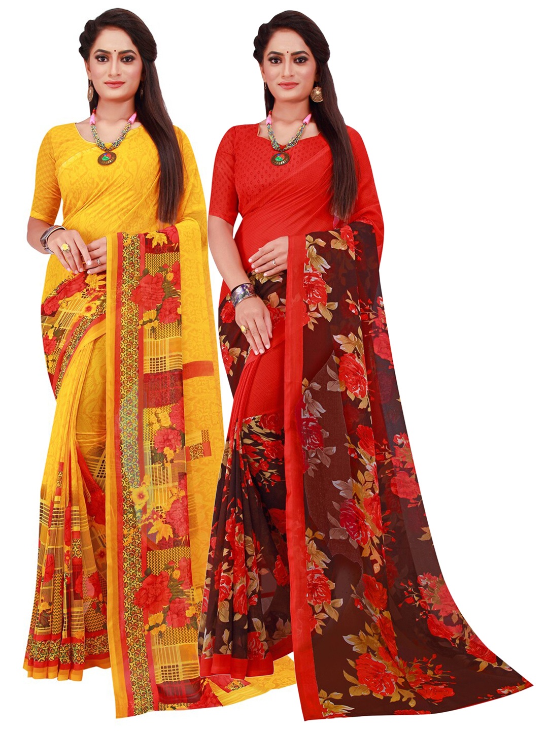 

Florence Yellow & Red Printed Pure Georgette Saree