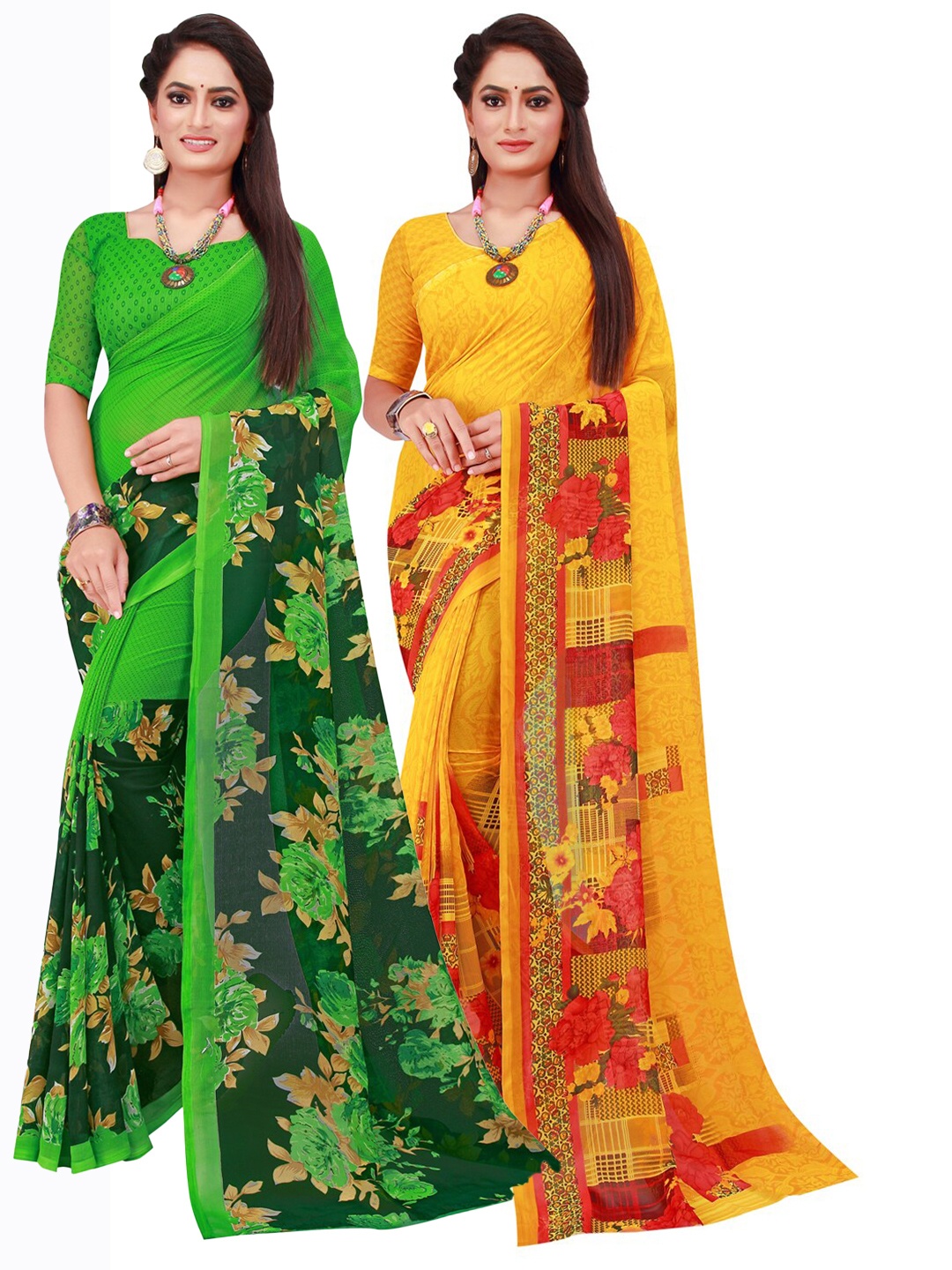 

Florence Pack Of 2 Yellow & Green Floral Pure Georgette Sarees