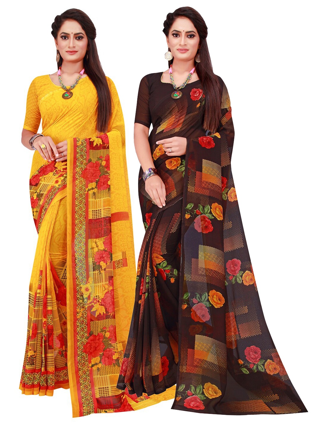

Florence Pack Of 2 Yellow & Brown Floral Pure Georgette Saree
