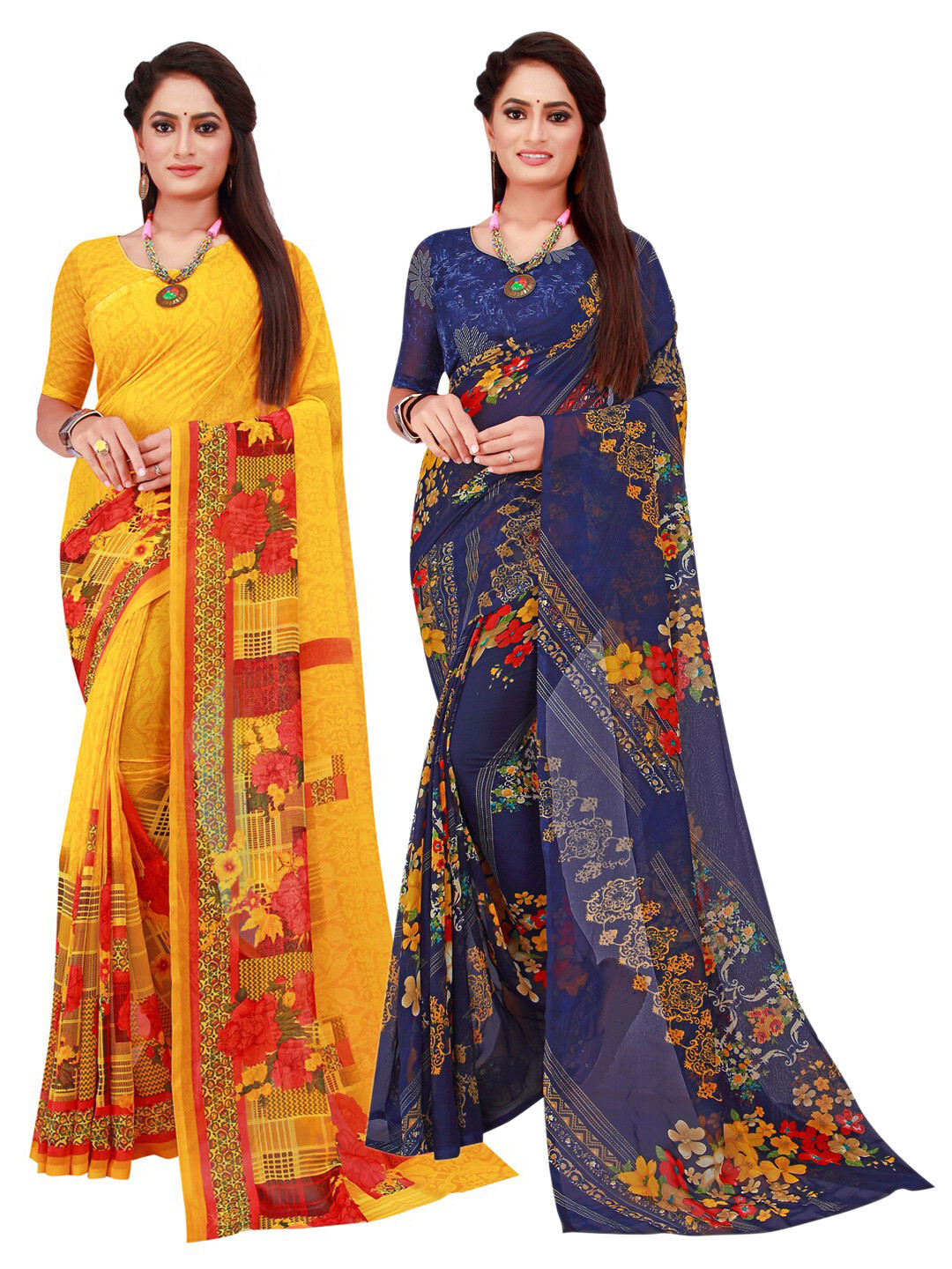 

Florence Pack of 2 Yellow & Navy Blue Floral Pure Georgette Sarees