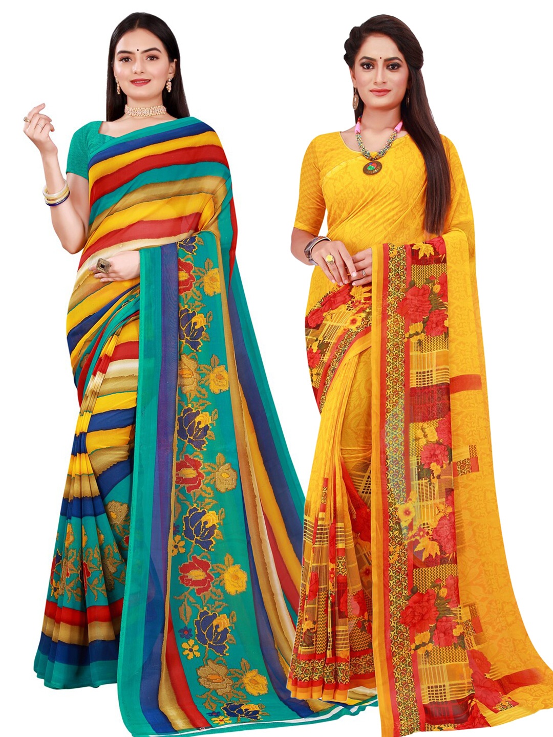 

Florence Green & Yellow Set of 2 Floral Printed Georgette Saree