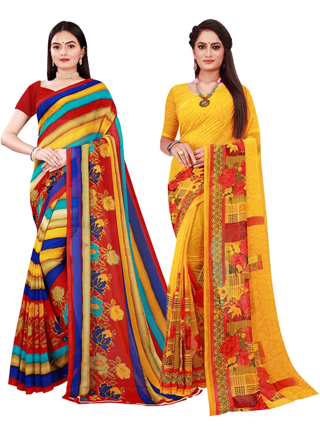 

Florence Yellow & Blue Set Of 2 Floral Pure Georgette Saree