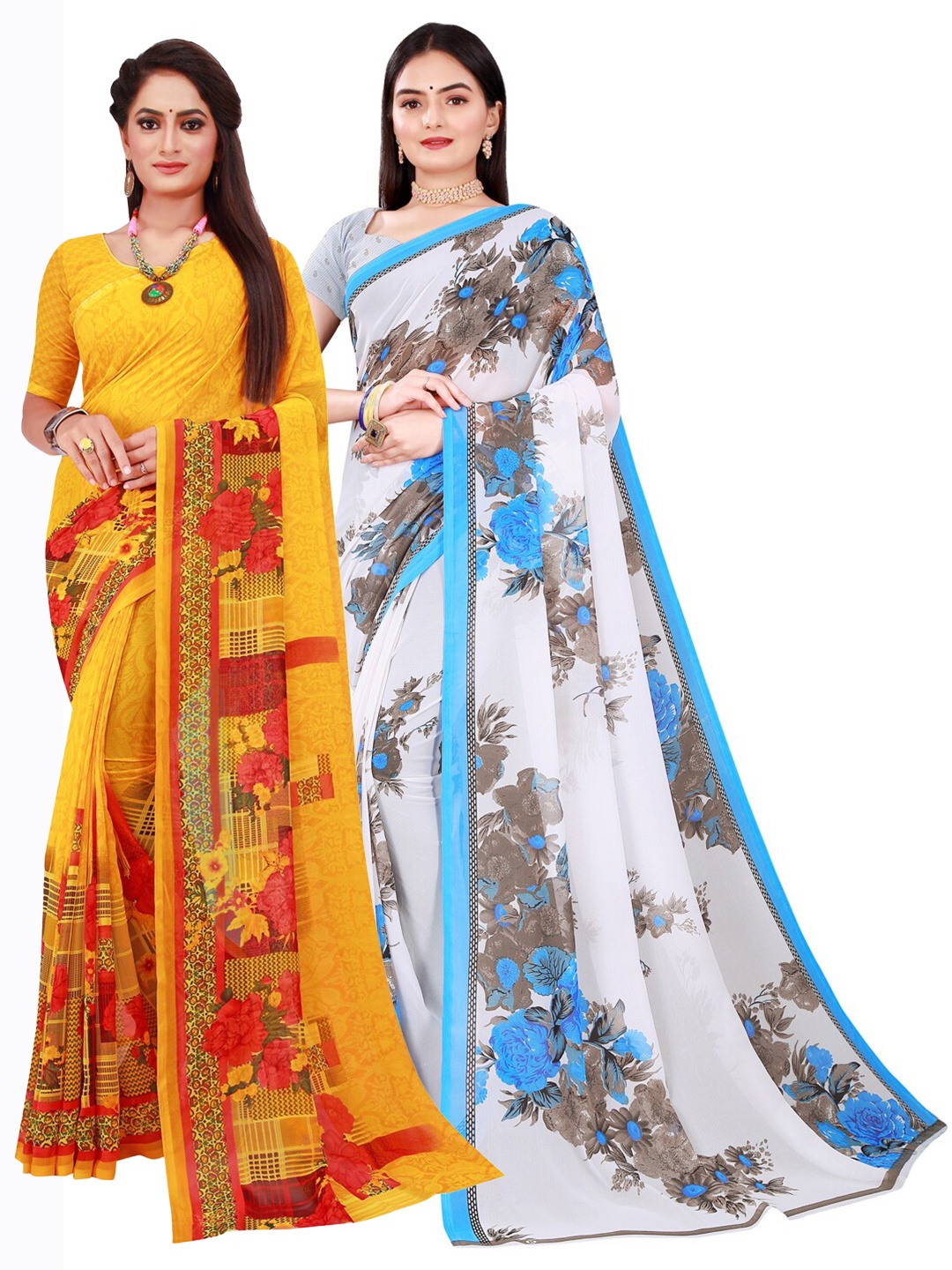 Florence Pack Of 2 Yellow & White Floral Pure Georgette Sarees