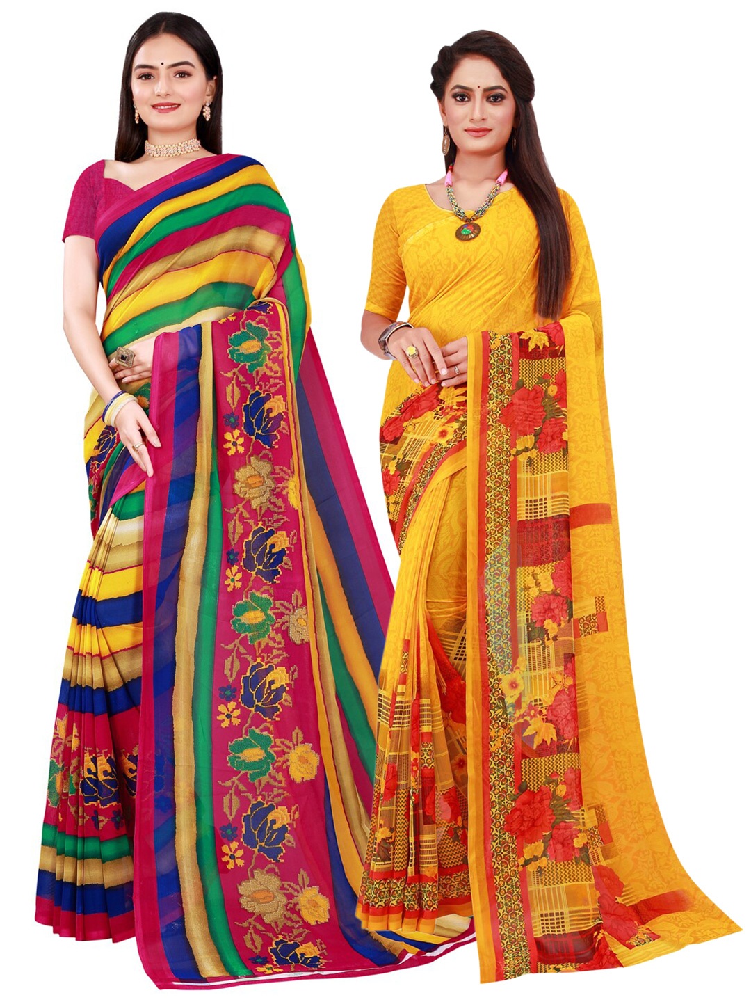 

Florence Yellow & Blue Printed Pure Georgette Saree