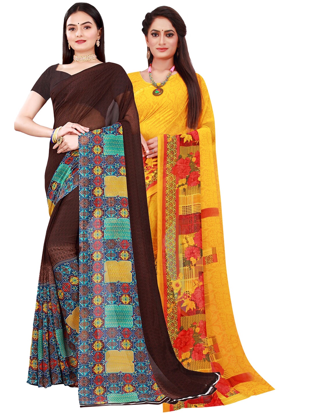 Florence Set Of 2 Brown & Yellow Floral Pure Georgette Saree