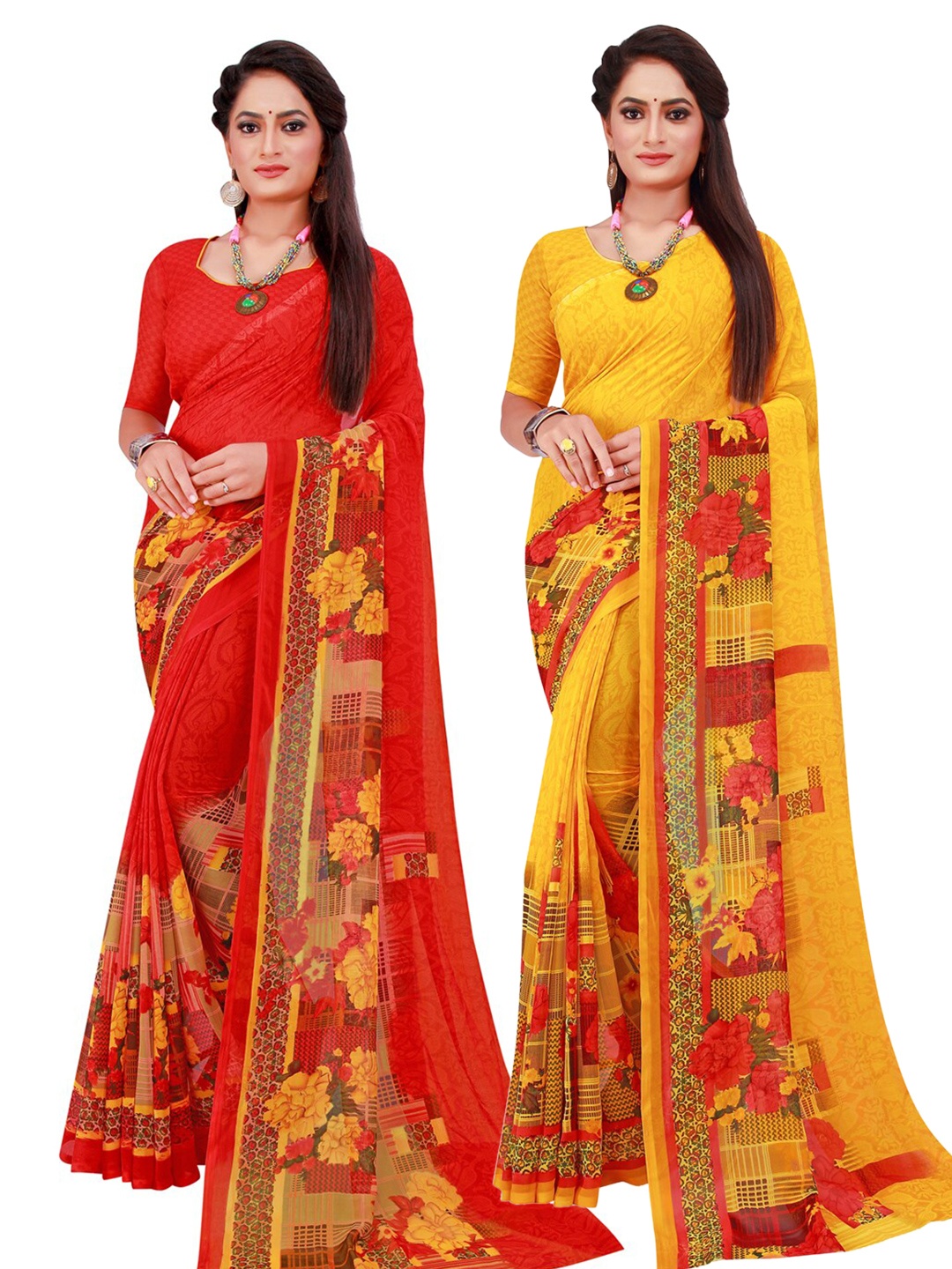 

Florence Red & Yellow Printed Pure Georgette Saree