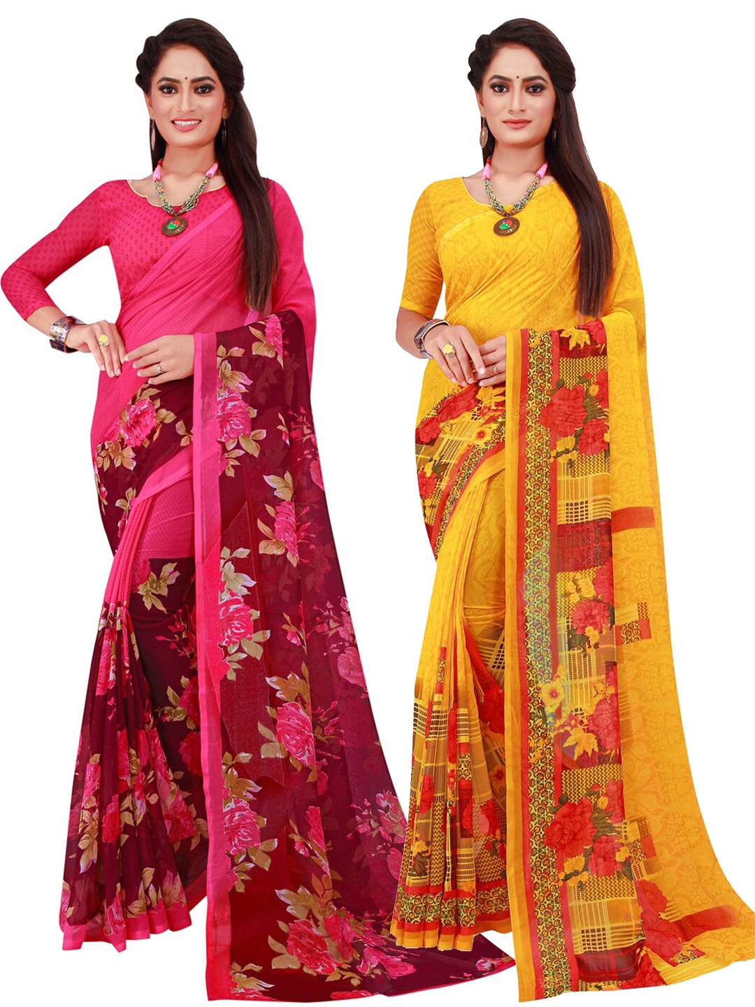 

Florence Pack Of 2 Yellow & Pink Pure Georgette Sarees