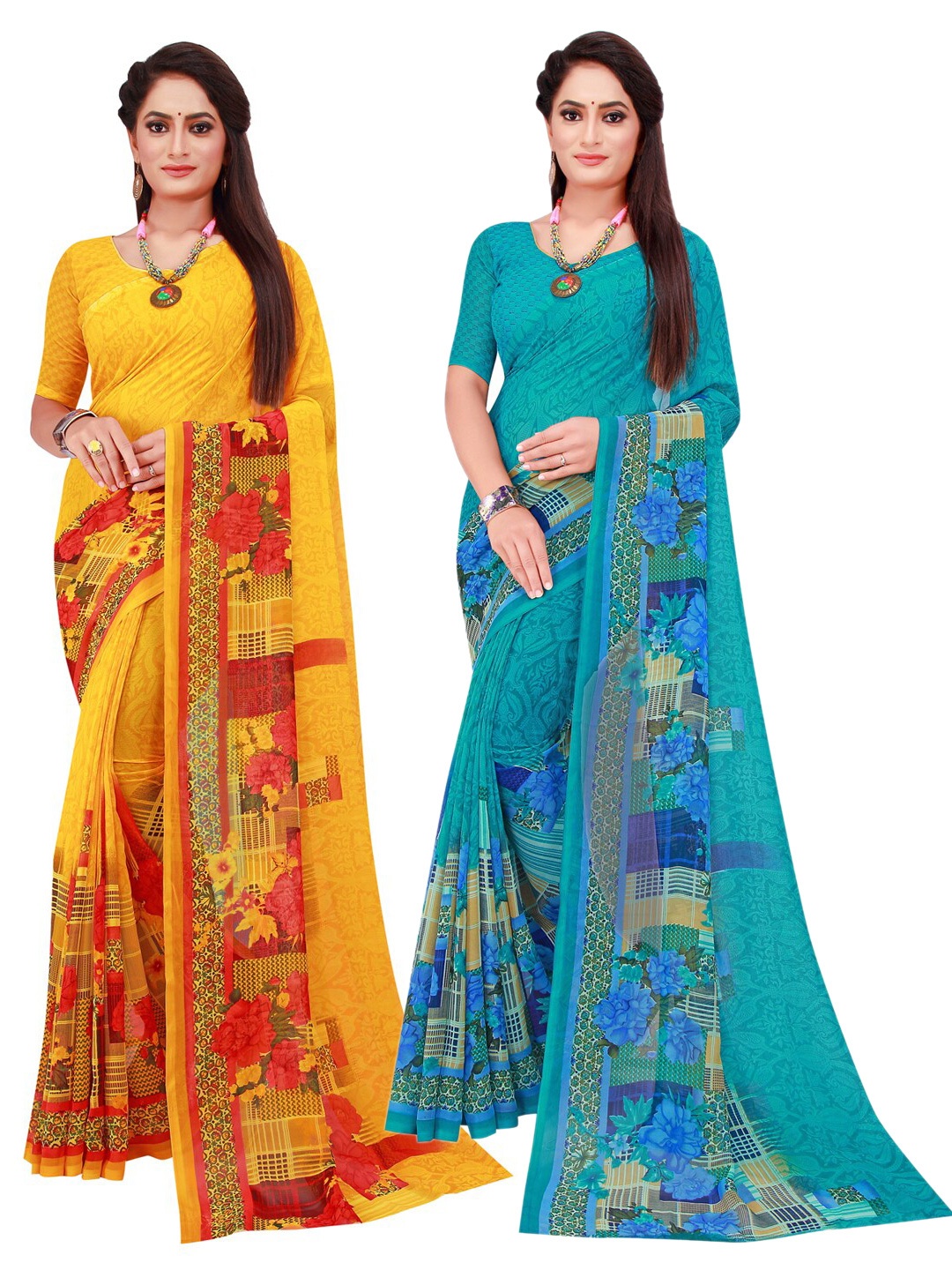 

Florence Pack Of 2 Turquoise Blue & Yellow Pure Georgette Saree