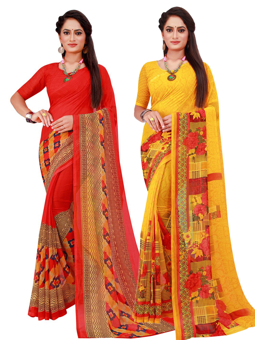 

Florence Pack Of 2 Orange & Yellow Floral Pure Georgette Saree