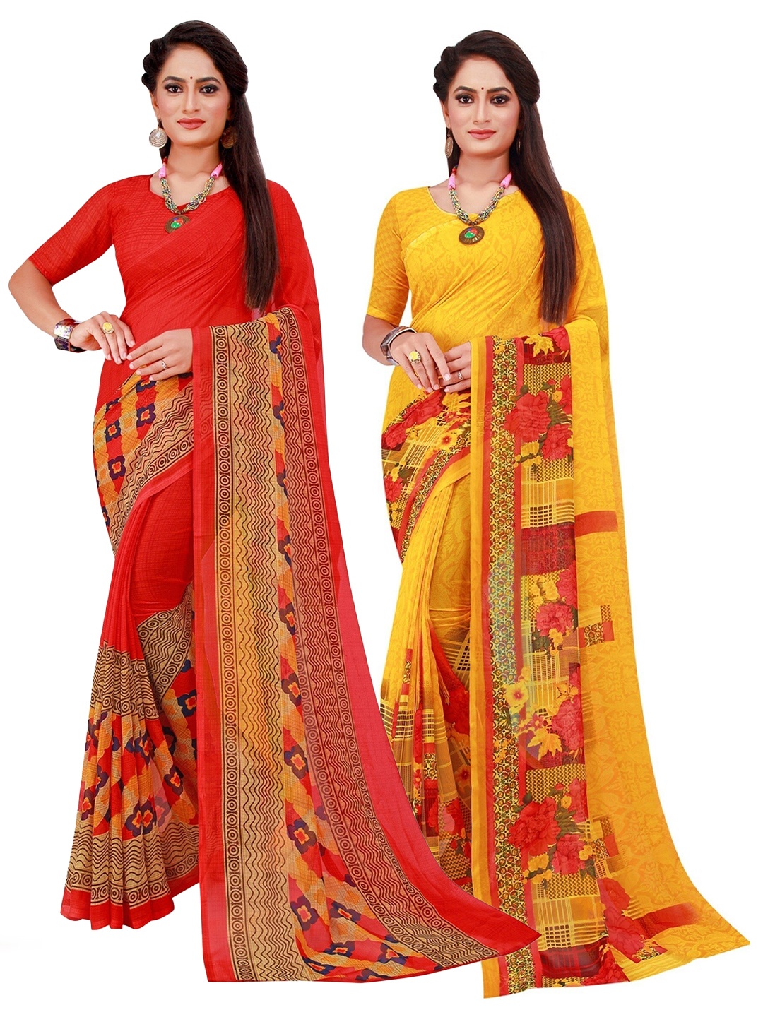 

Florence Set Of 2 Red & Yellow Floral Pure Georgette Saree
