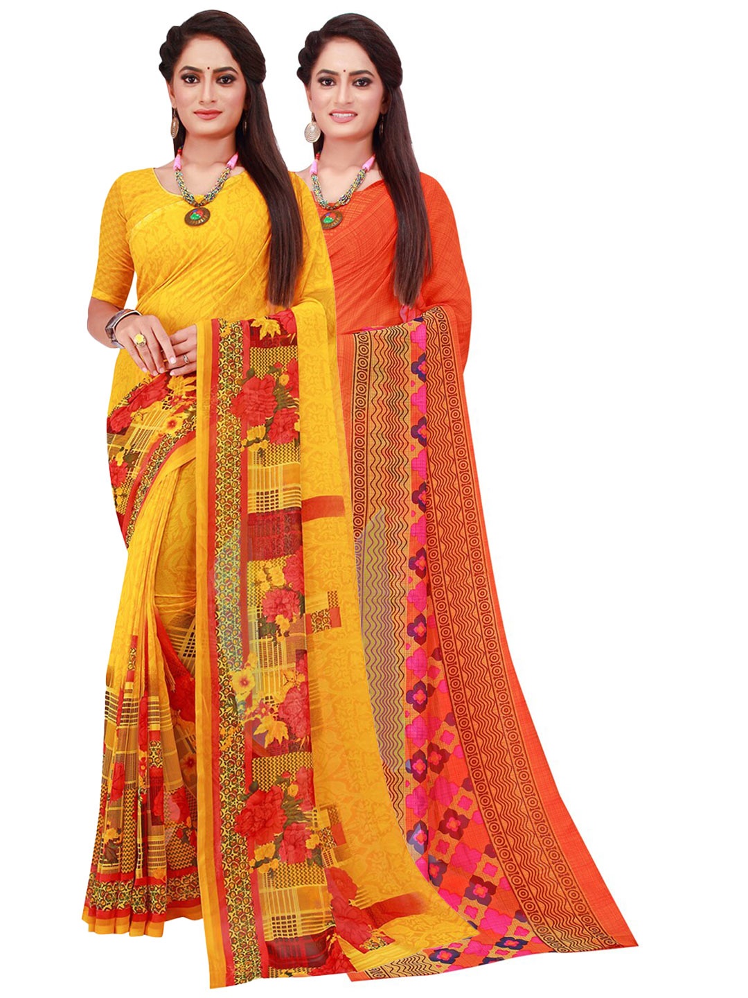 

Florence Pack of 2 Red & Yellow Floral Pure Georgette Sarees