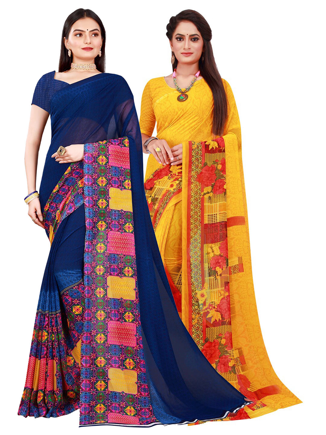 

Florence Yellow & Navy Blue Set Of 2 Floral Pure Georgette Saree
