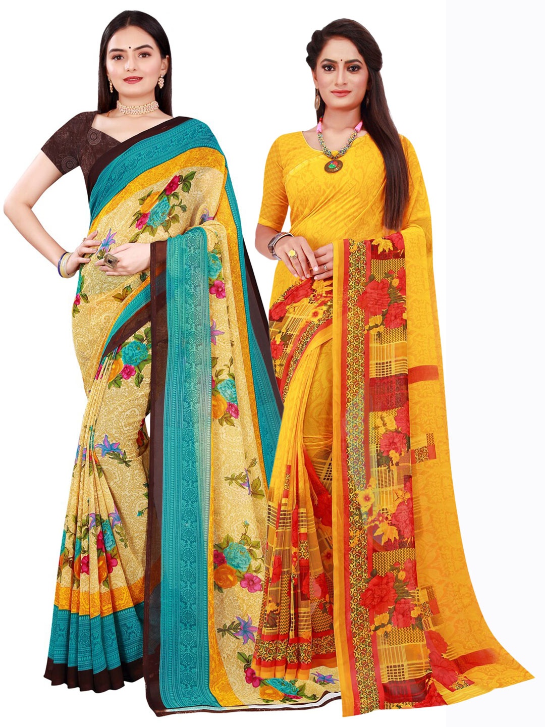 

Florence Yellow & Beige Floral Printed Pure Georgette Saree Pack Of 2