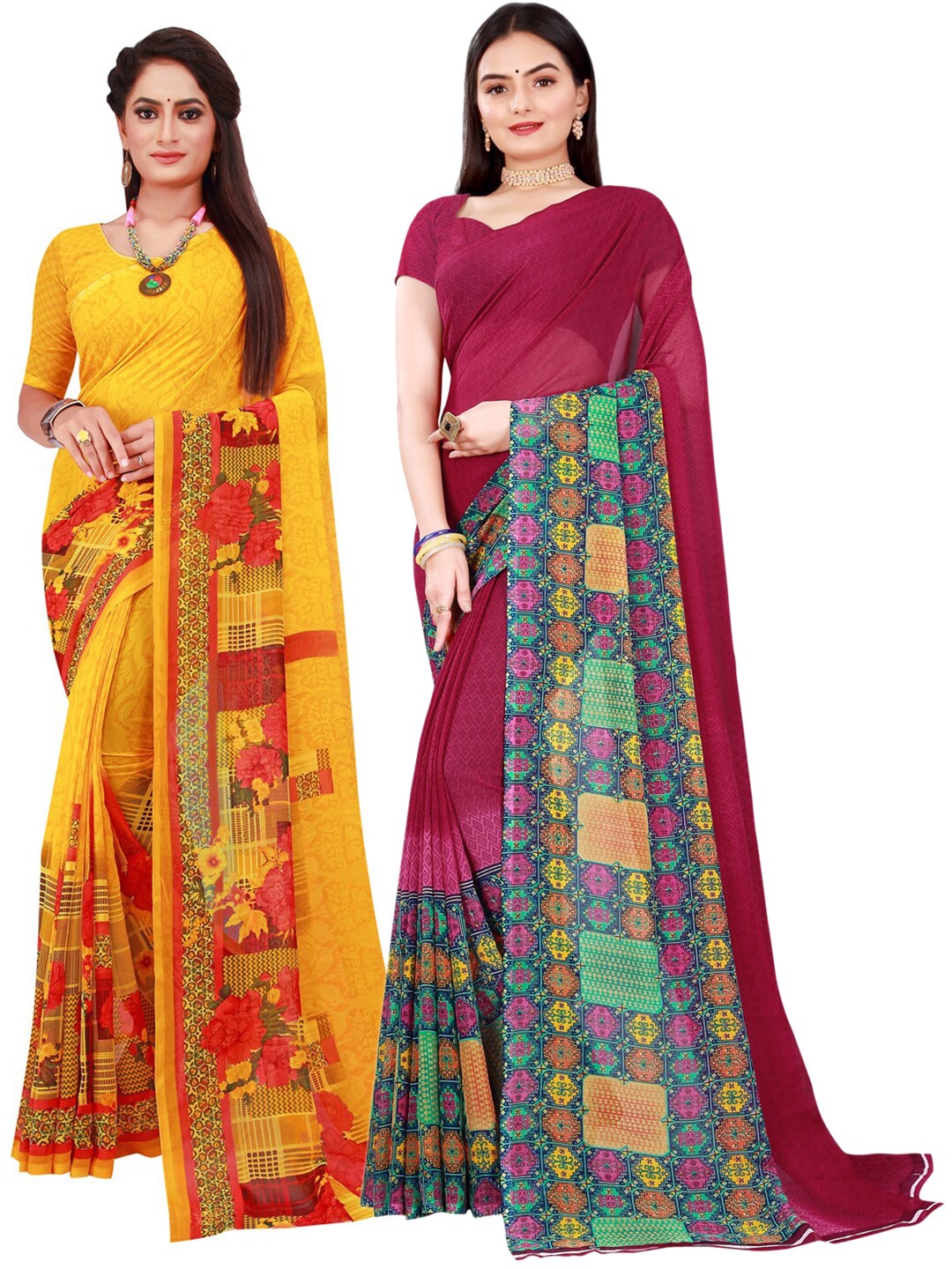 

Florence Yellow & Maroon Pack of 2 Printed Pure Georgette Saree