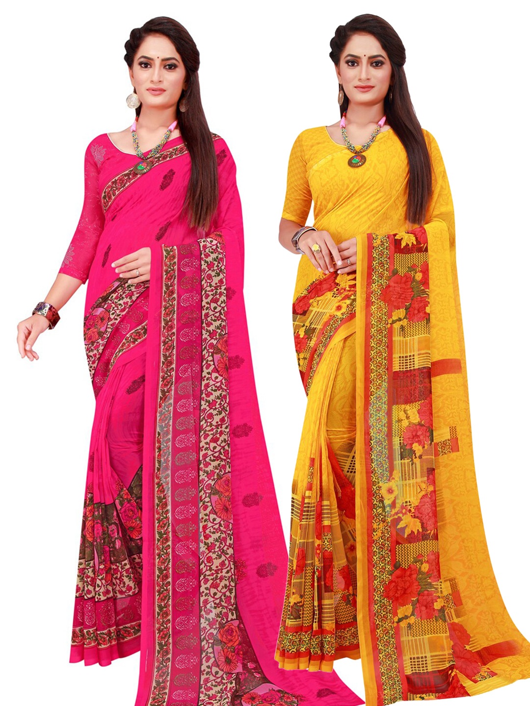 

Florence Pack Of 2 Yellow & Magenta Floral Pure Georgette Saree