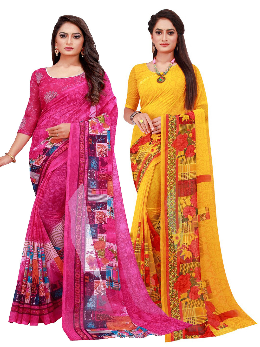 

Florence Pack of 2 Magenta & Yellow Floral Pure Georgette Sarees