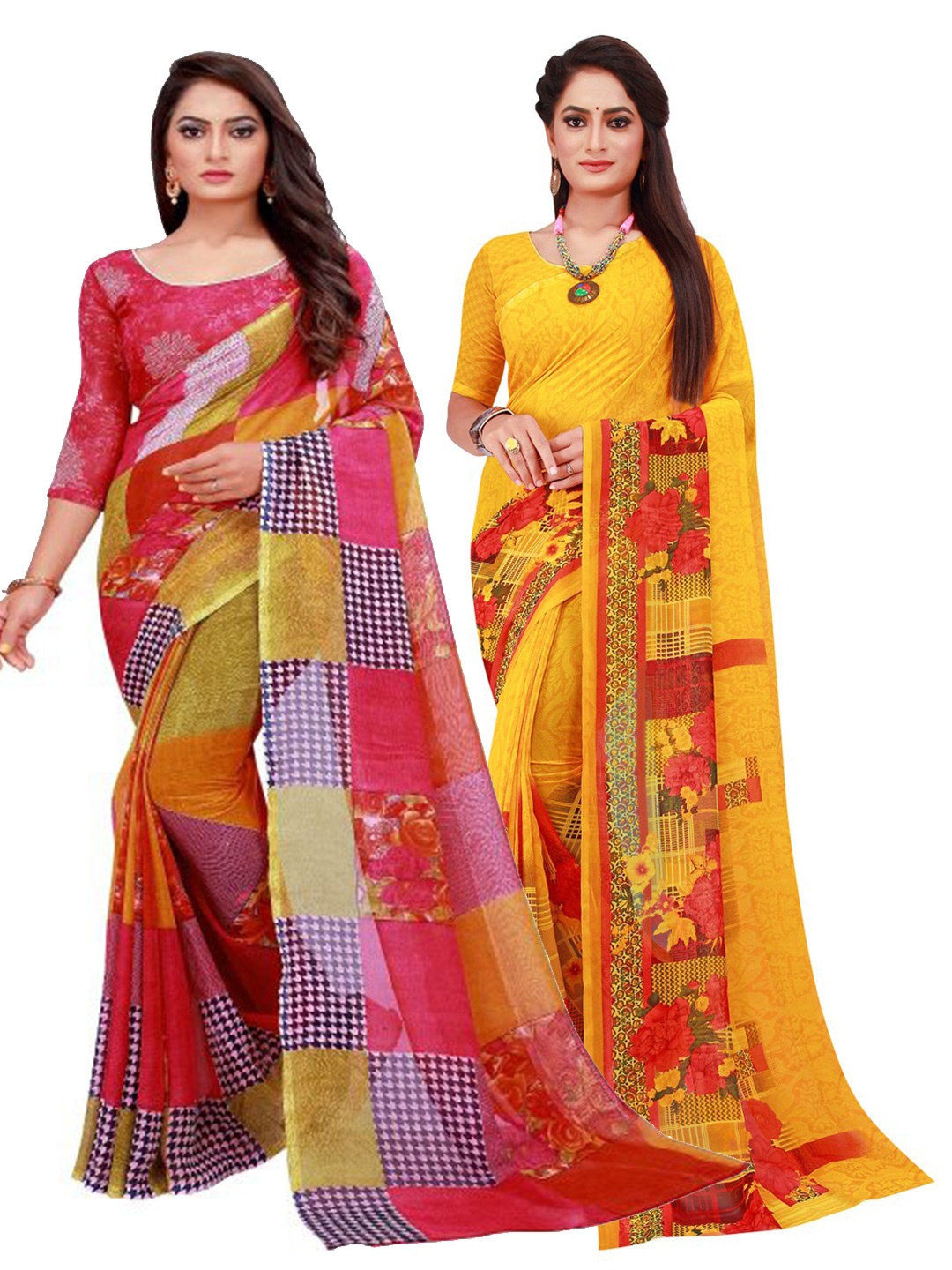 

Florence Red & Yellow Set Of 2 Floral Pure Georgette Saree