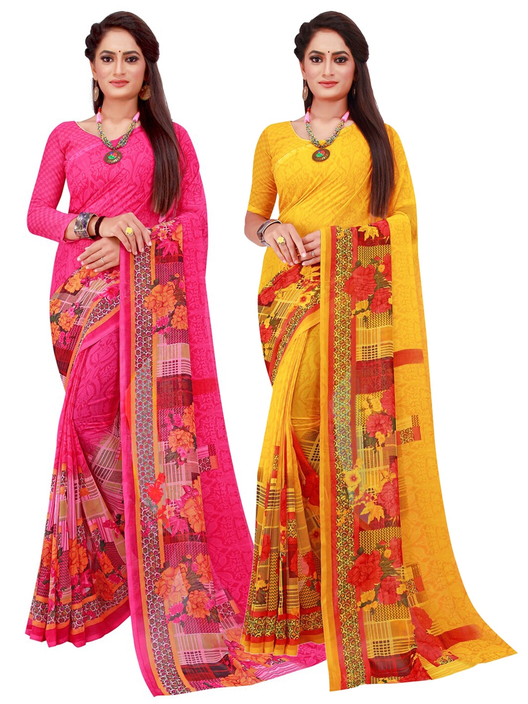 

Florence Pack Of 2 Magenta & Yellow Floral Pure Georgette Saree