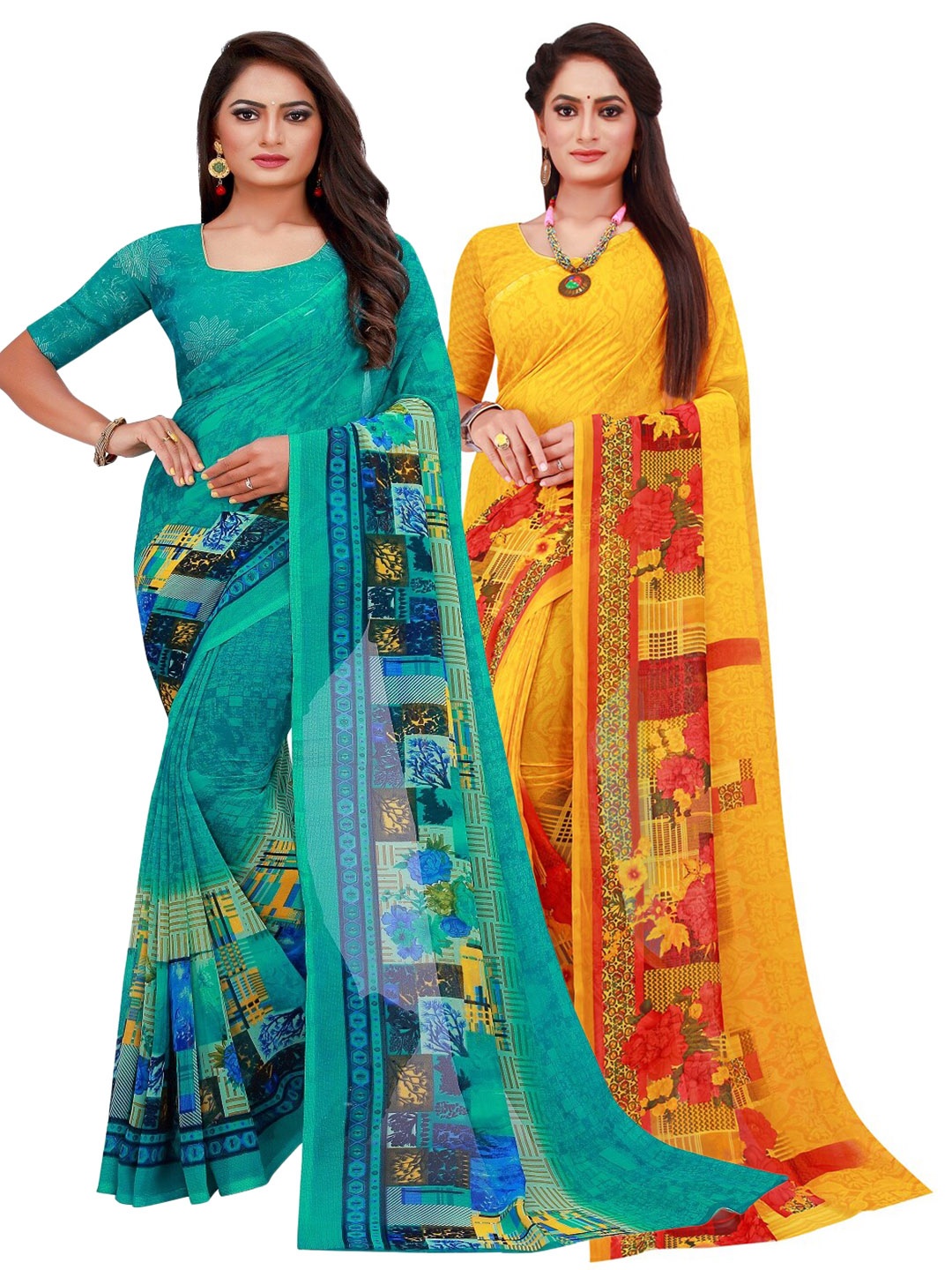 

Florence Pack Of 2 Turquoise Blue & Yellow Floral Pure Georgette Sarees