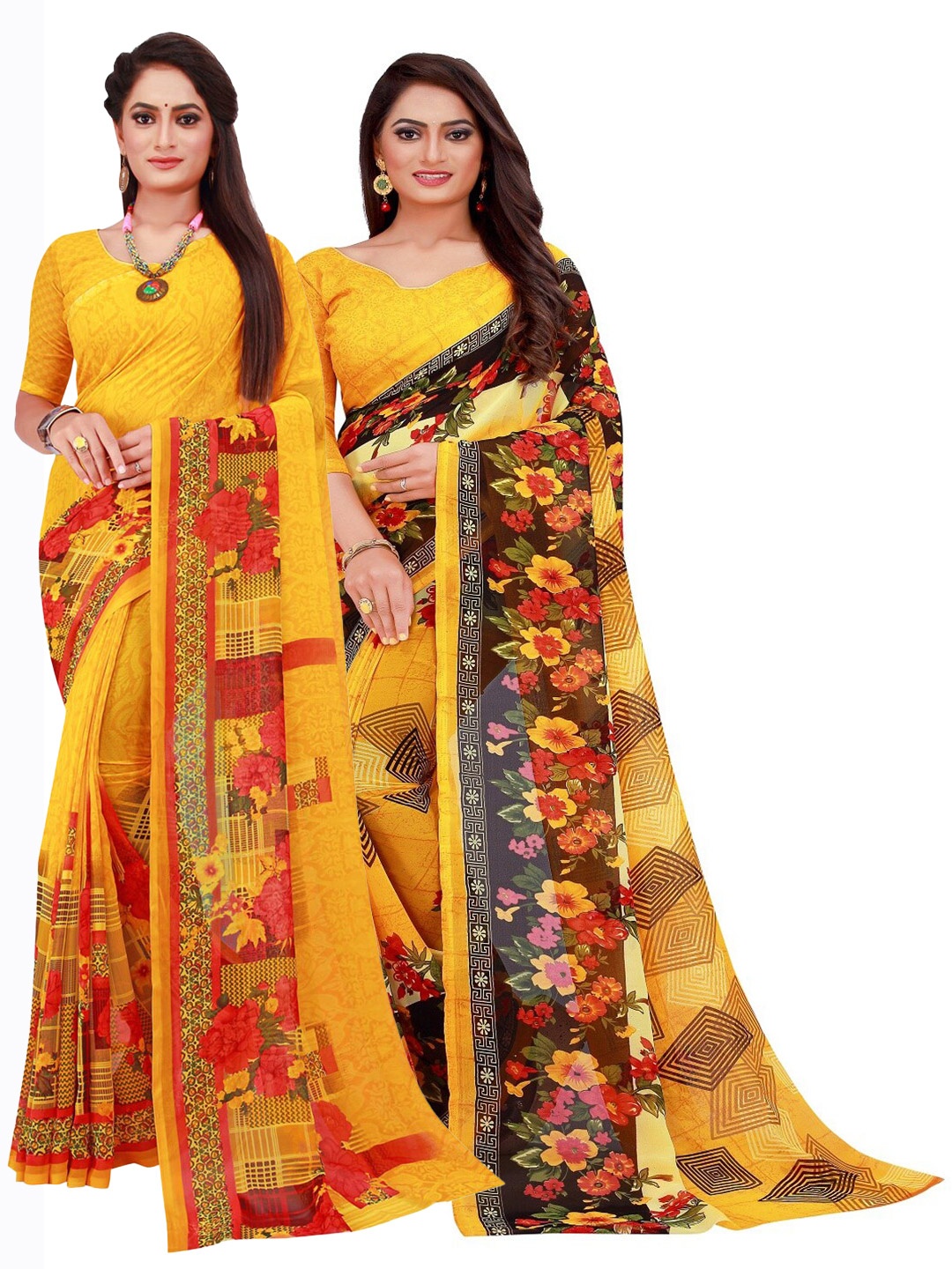 

Florence Pack Of 2 Yellow & Brown Pure Georgette Saree