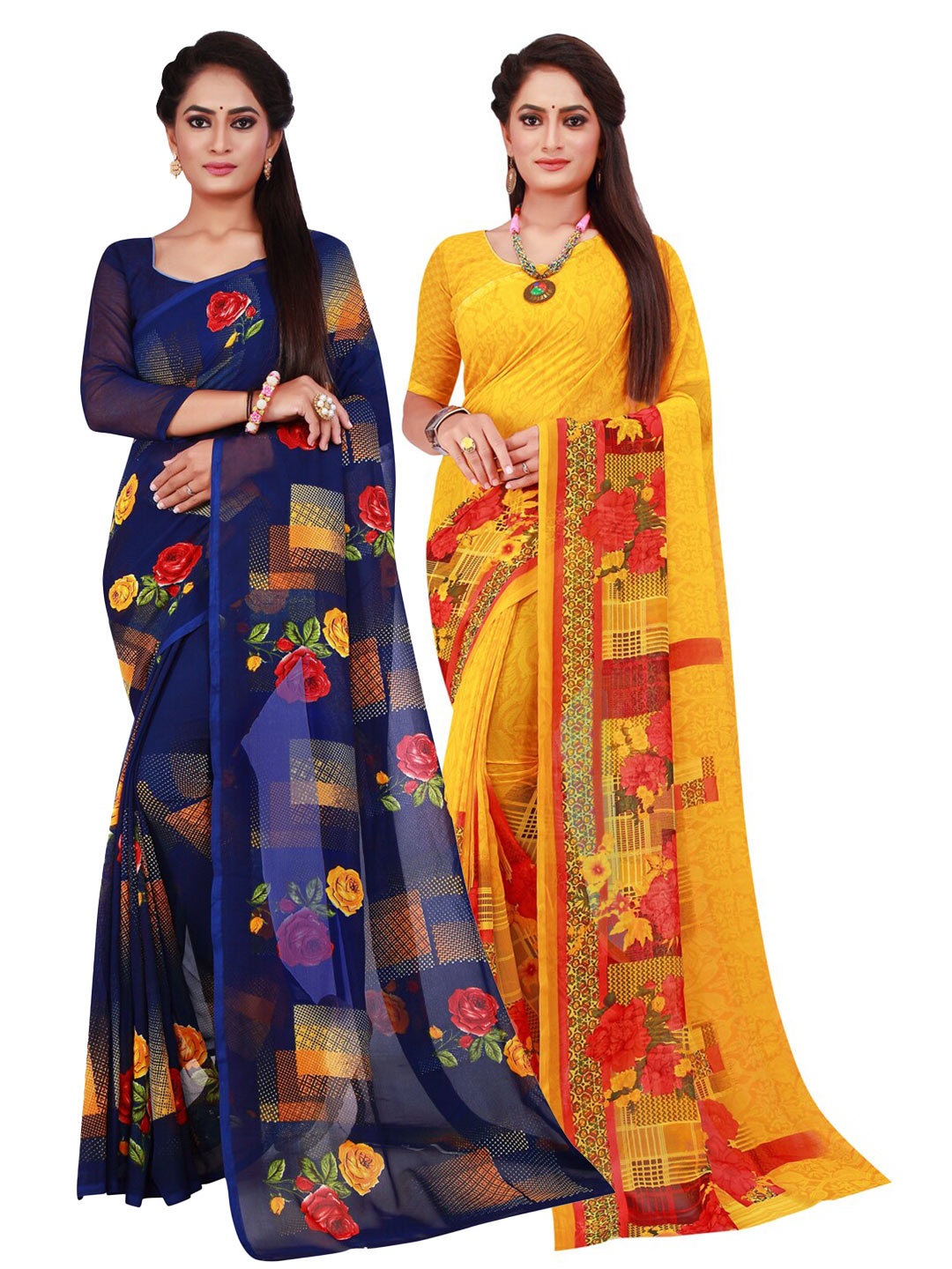 

Florence Yellow & Navy Blue Set Of 2 Floral Pure Georgette Saree