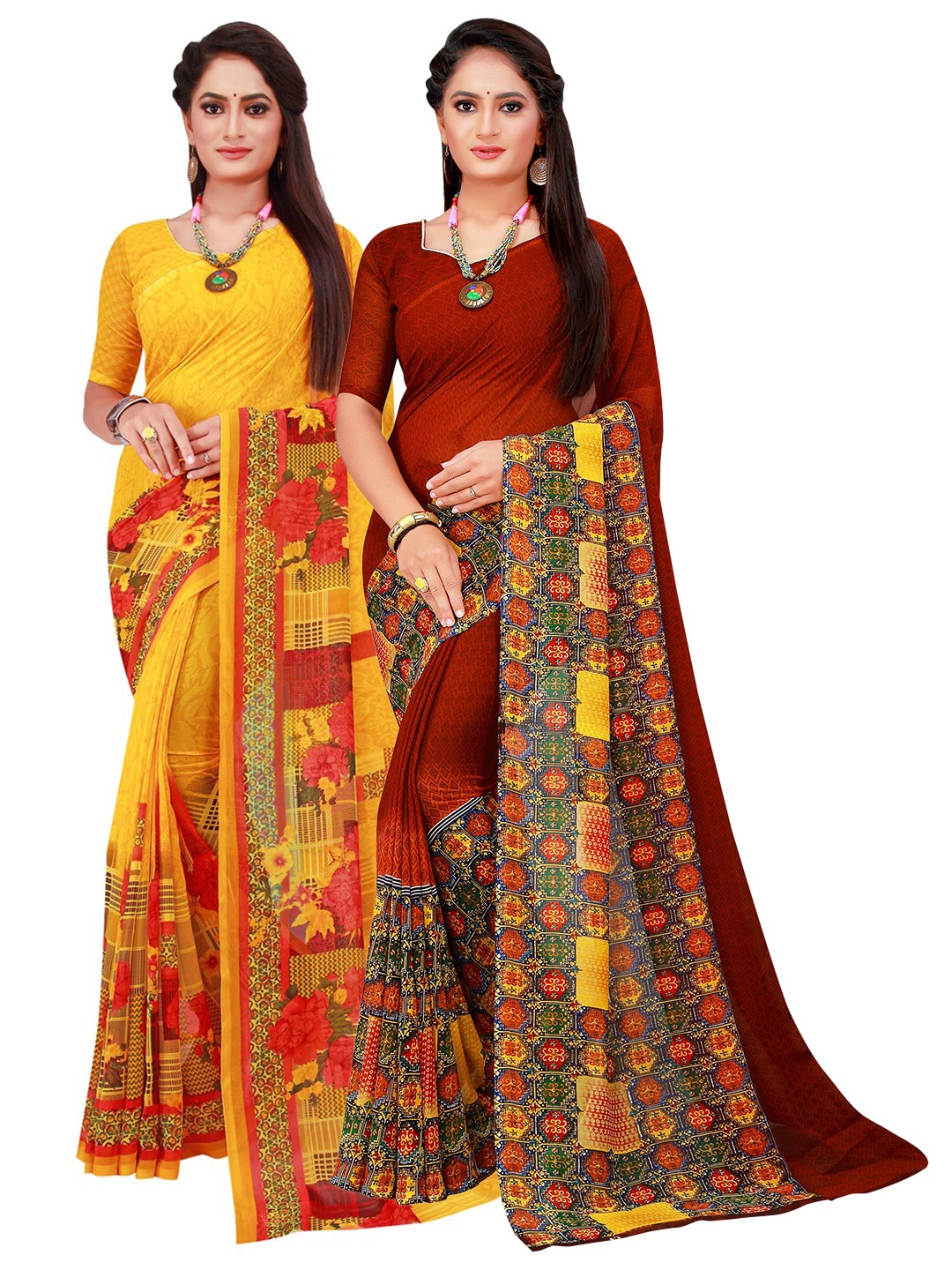 

Florence Pack Of 2 Yellow & Maroon Floral Pure Georgette Saree