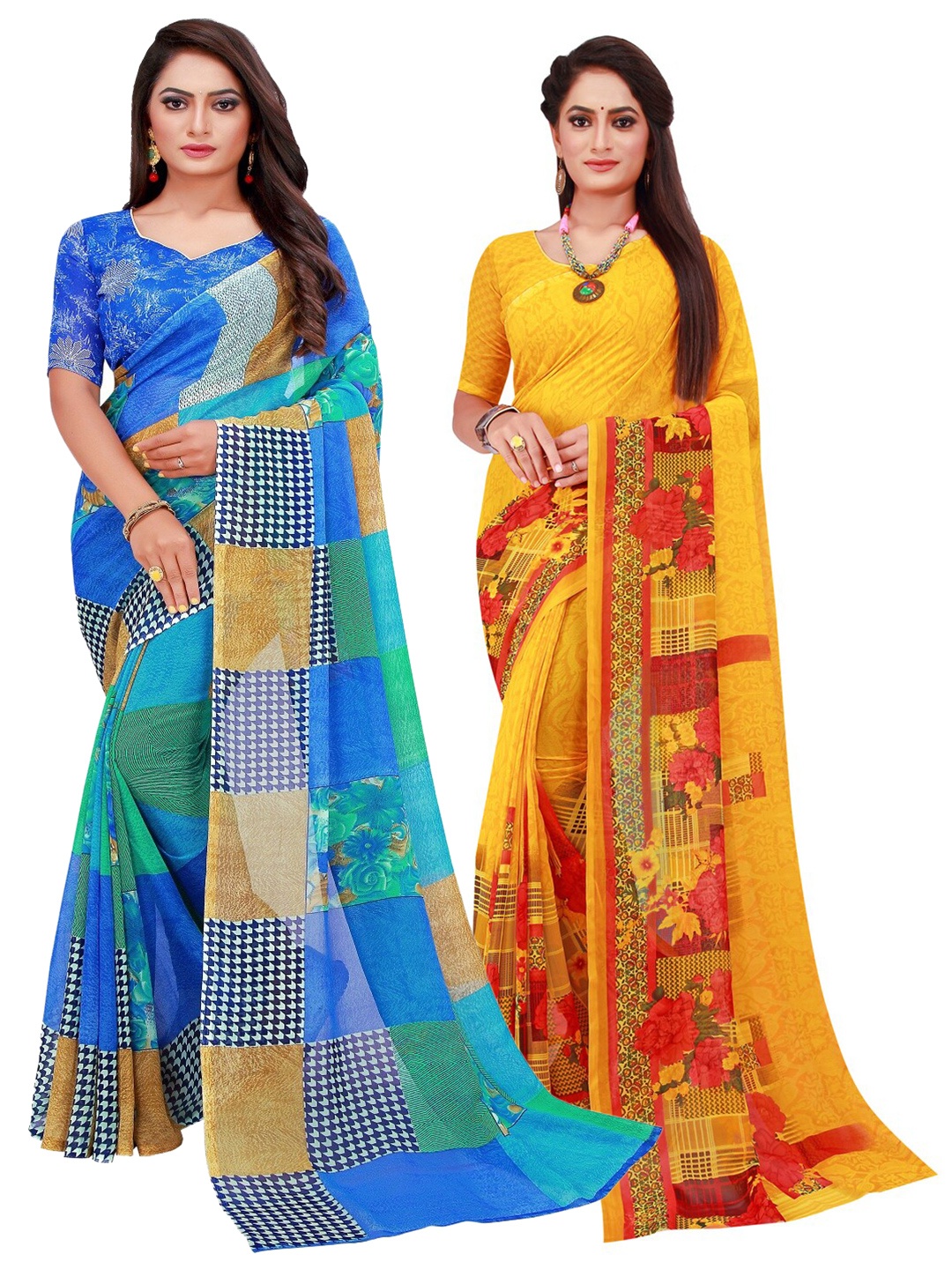 

Florence Pack Of 2 Blue & Yellow Pure Georgette Sarees