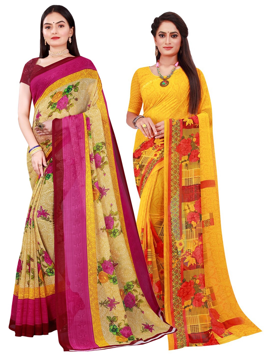 

Florence Pack Of 2 Beige & Yellow Floral Pure Georgette Saree