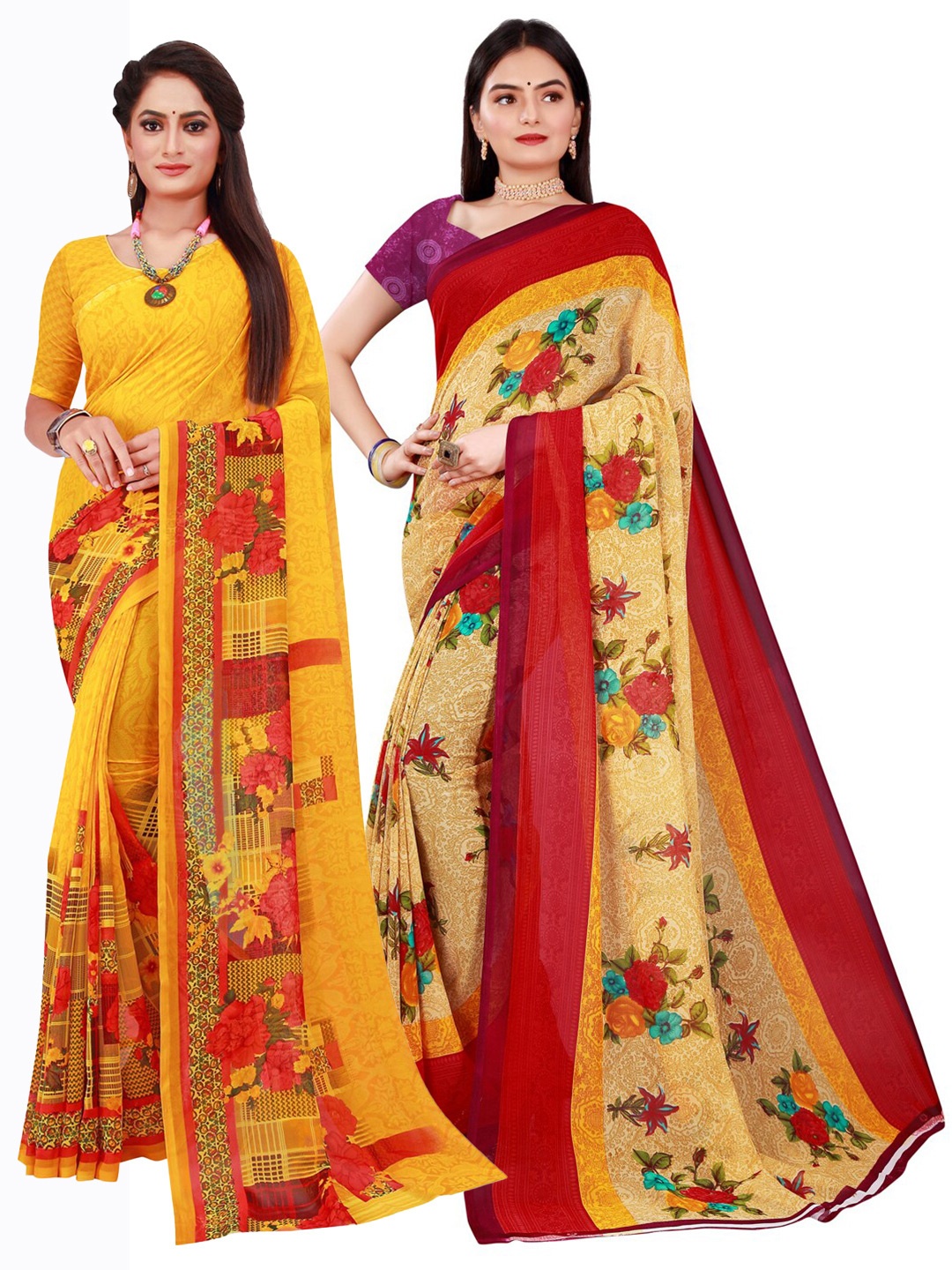 

Florence Set Of 2 Beige & Yellow Floral Pure Georgette Saree