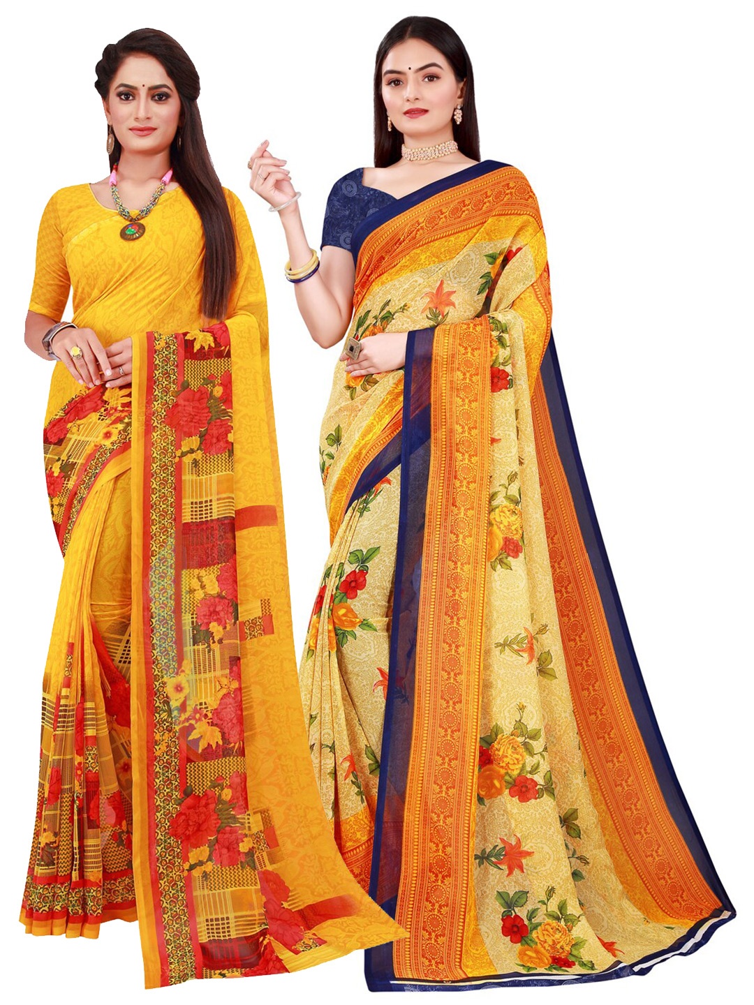 

Florence Yellow & Navy Blue Set Of 2 Floral Pure Georgette Saree