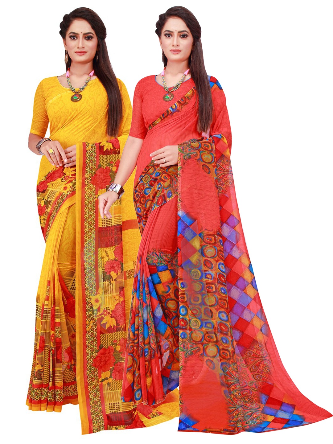 

Florence Red & Pink Set of 2 Floral Printed Georgette Saree