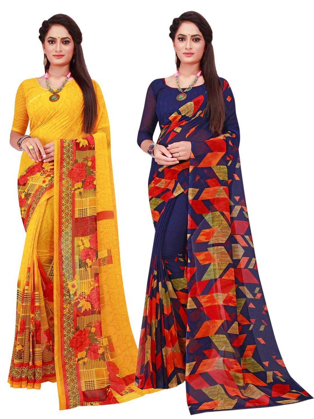 

Florence Pack Of 2 Navy Blue & Yellow Printed Pure Georgette Saree