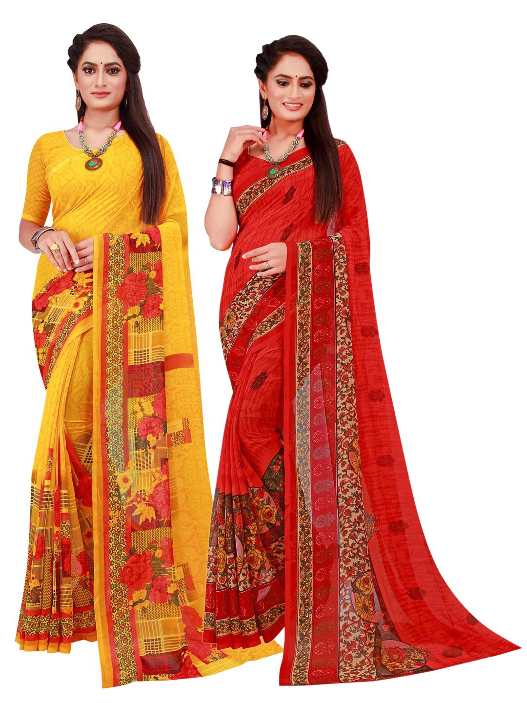 

Florence Pack of 2 Yellow & Red Floral Pure Georgette Sarees