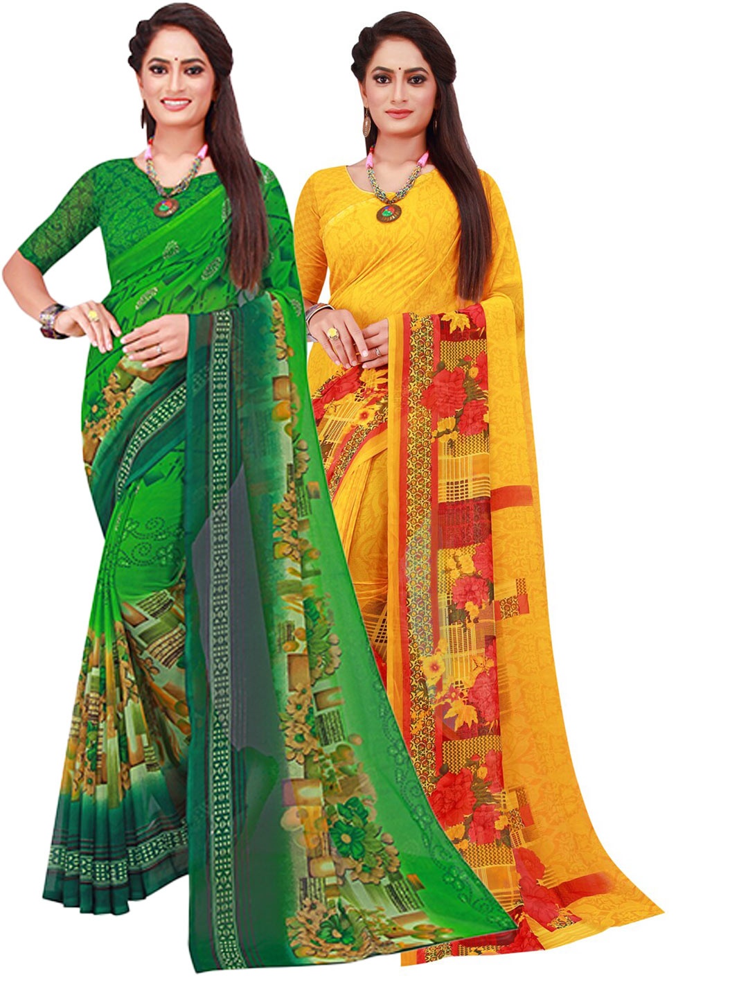 

Florence Set Of 2 Yellow & Green Floral Pure Georgette Saree