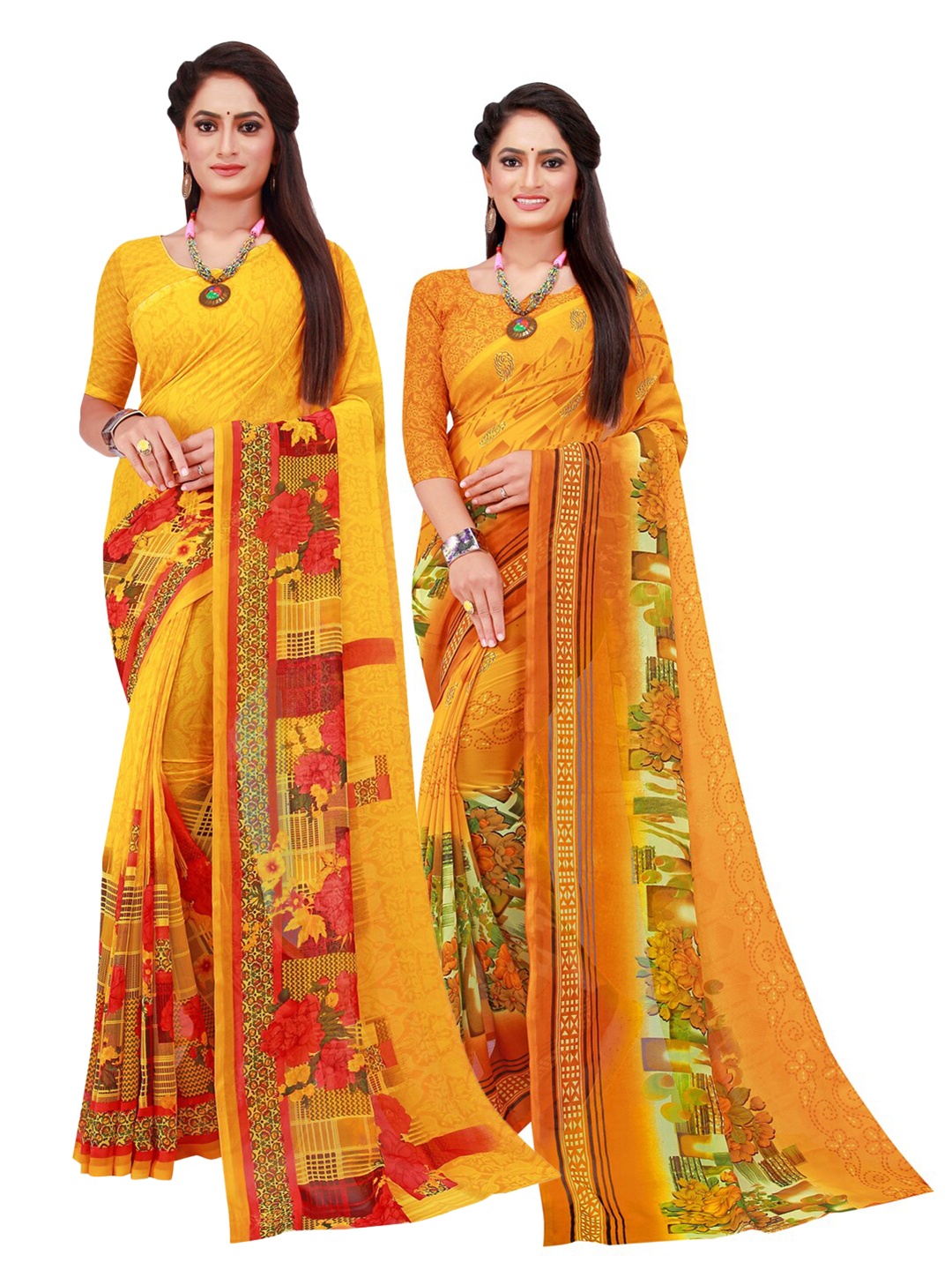 

Florence Yellow & Orange Set of 2 Floral Printed Georgette Saree