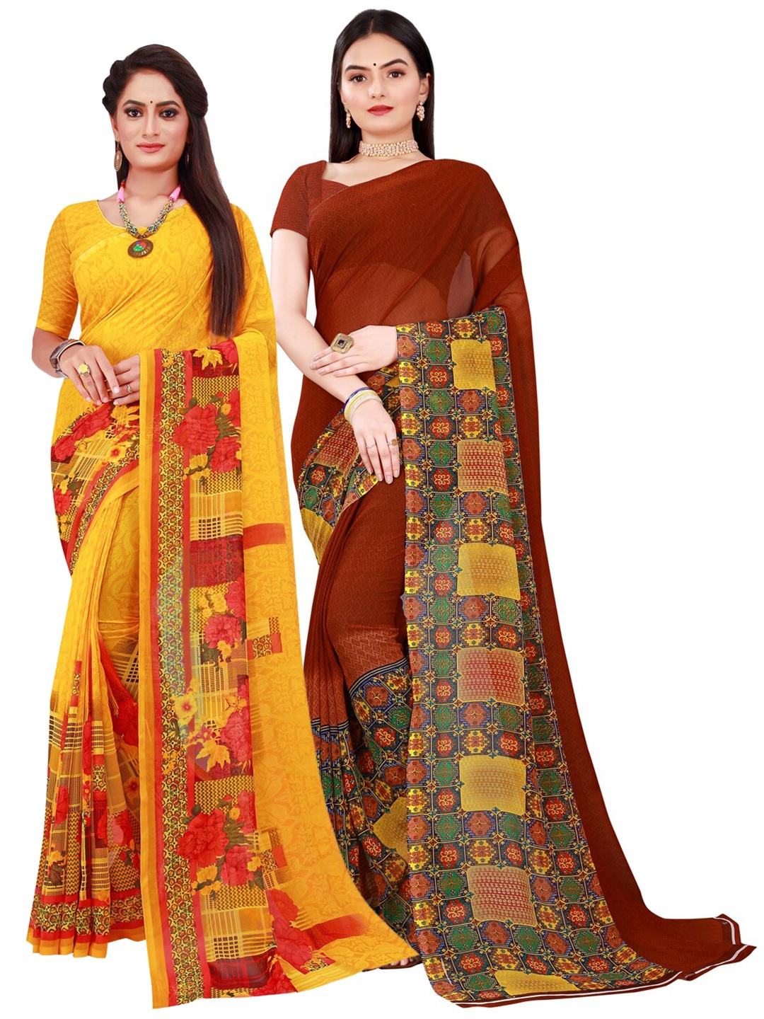 

Florence Yellow & Brown Set Of 2 Floral Pure Georgette Saree