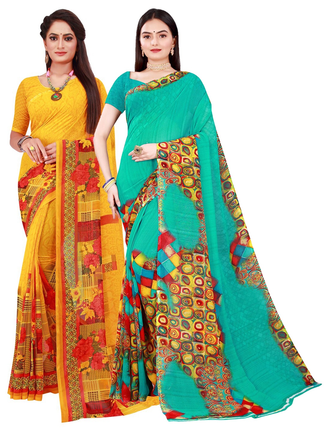 

Florence Yellow & Teal Printed Pure Georgette Saree