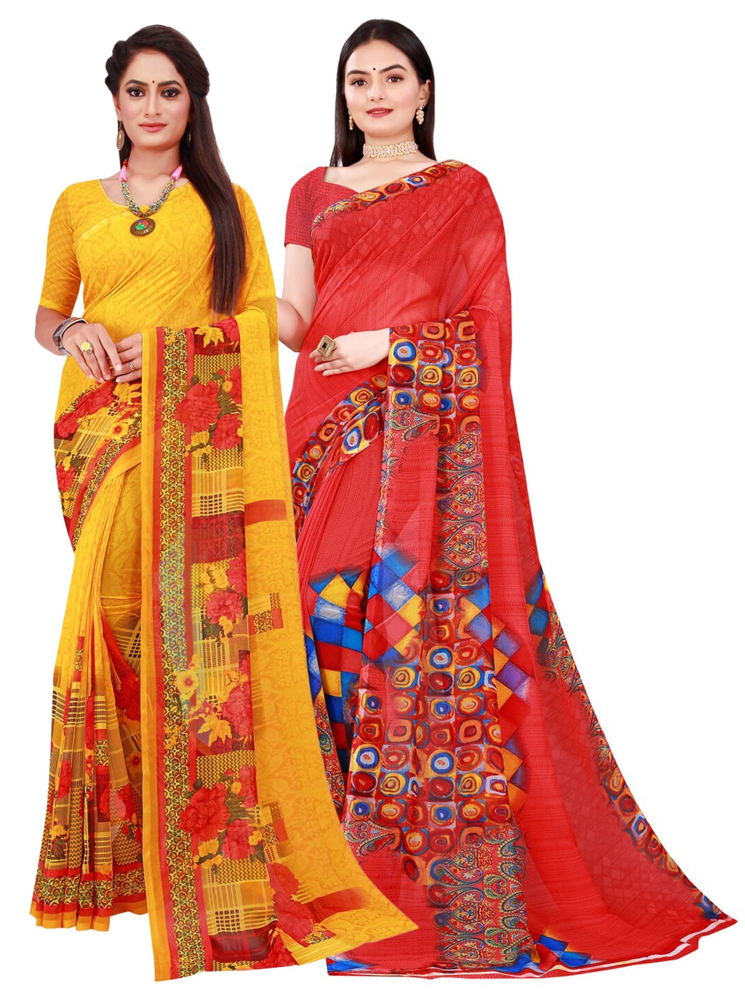 

Florence Red & Yellow Printed Pure Georgette Saree Pack Of 2