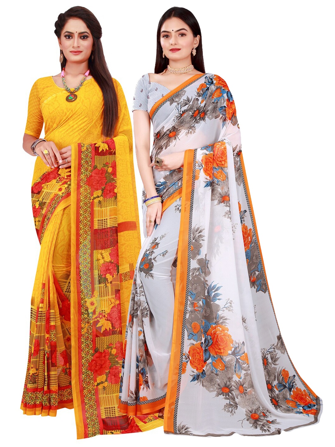 

Florence Pack Of 2 Yellow & Red Pure Georgette Sarees