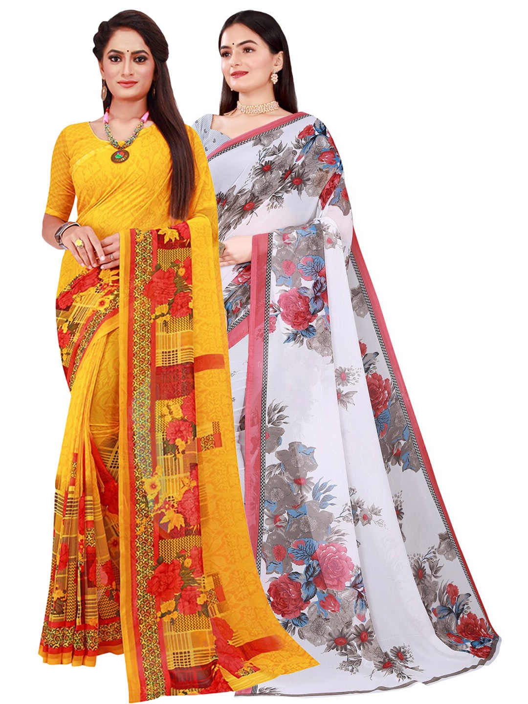 

Florence Pack Of 2 Yellow & White Floral Printed Pure Georgette Saree