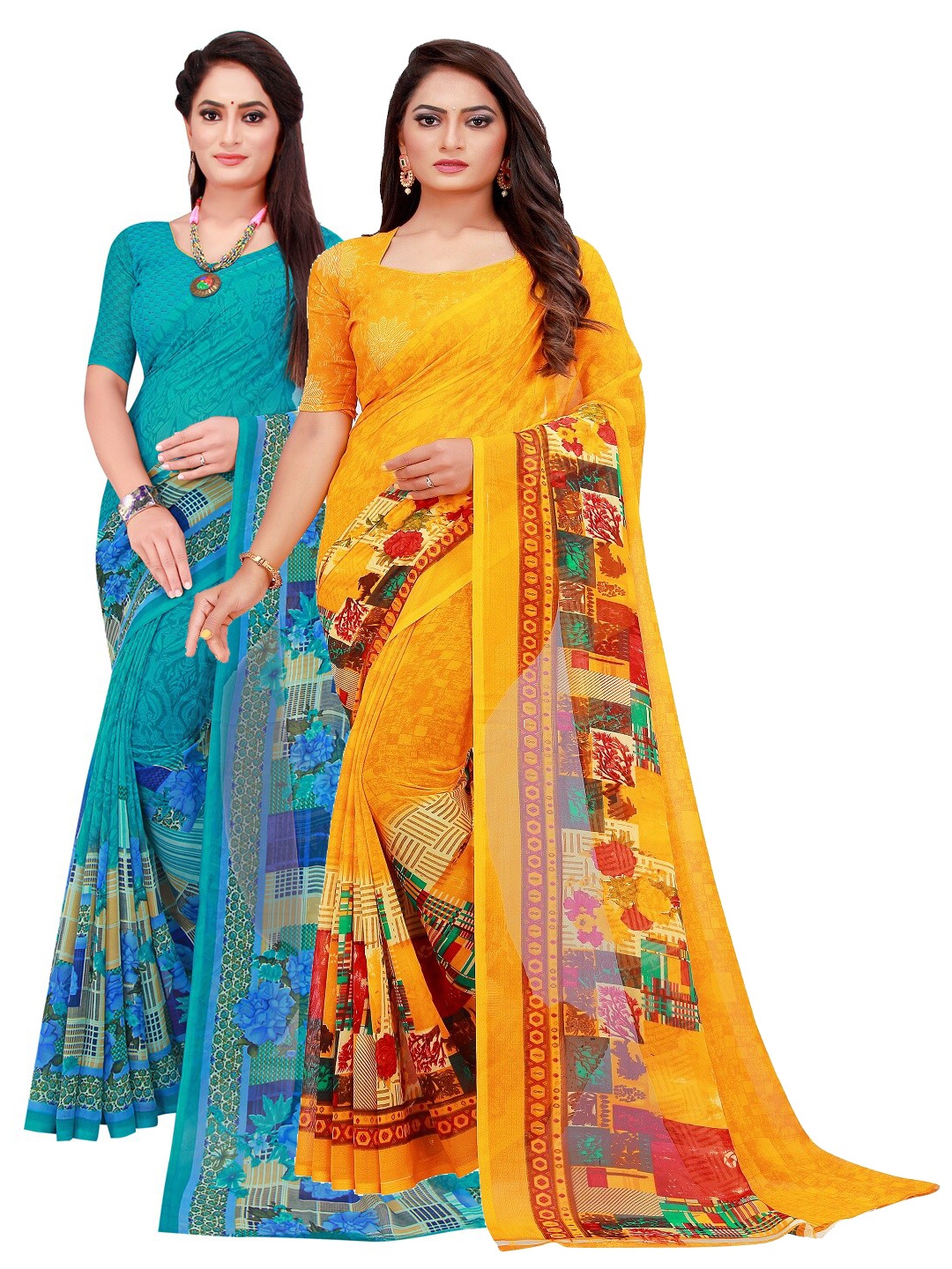 

Florence Pack Of 2 Turquoise Blue & Yellow Floral Pure Georgette Saree